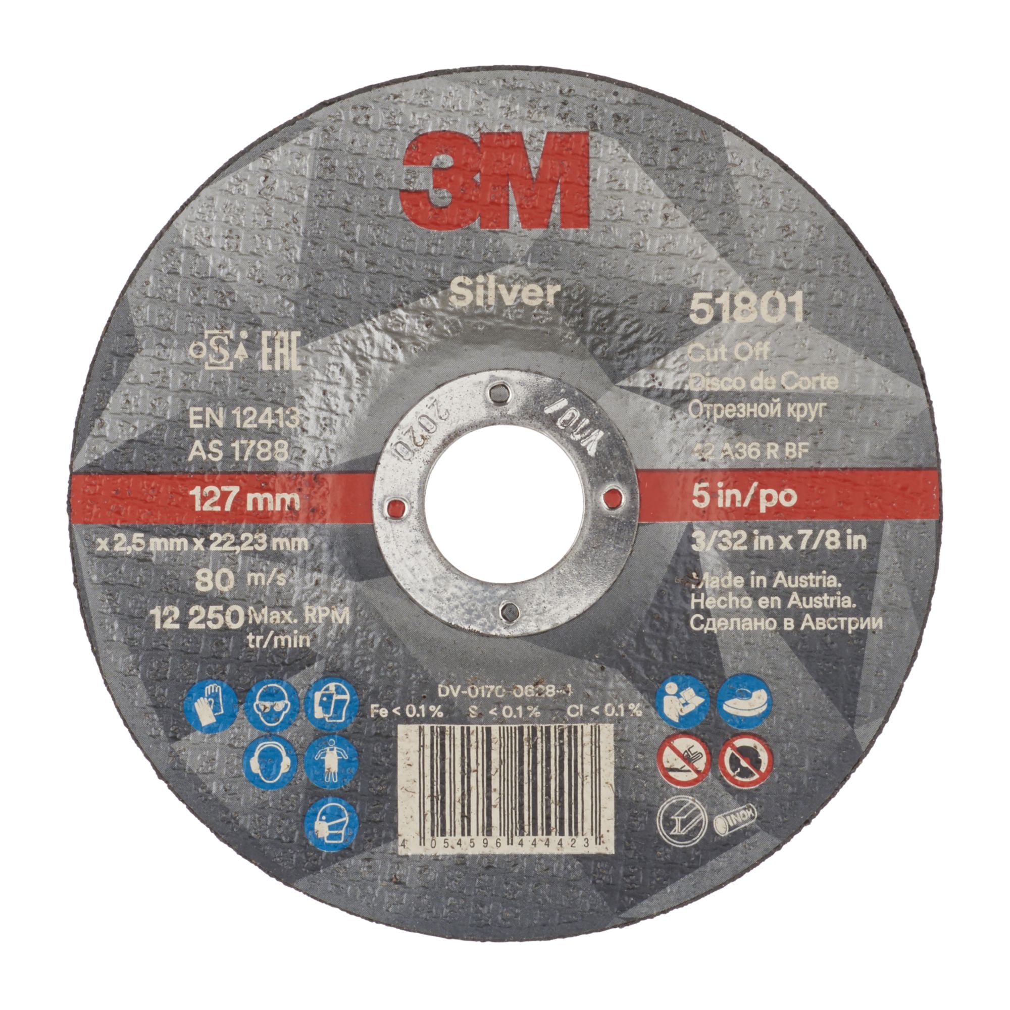 3M™ Disco de Corte Silver de Centro Hundido, T42, 125 mm x 2.5 mm x 22 mm