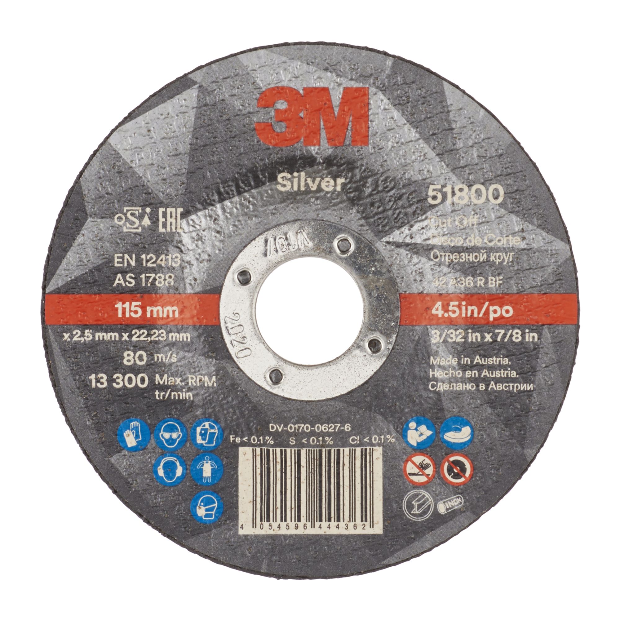 3M™ Disco de Corte Silver de centro hundido, T42, 115 mm x 2.5 mm x 22 mm