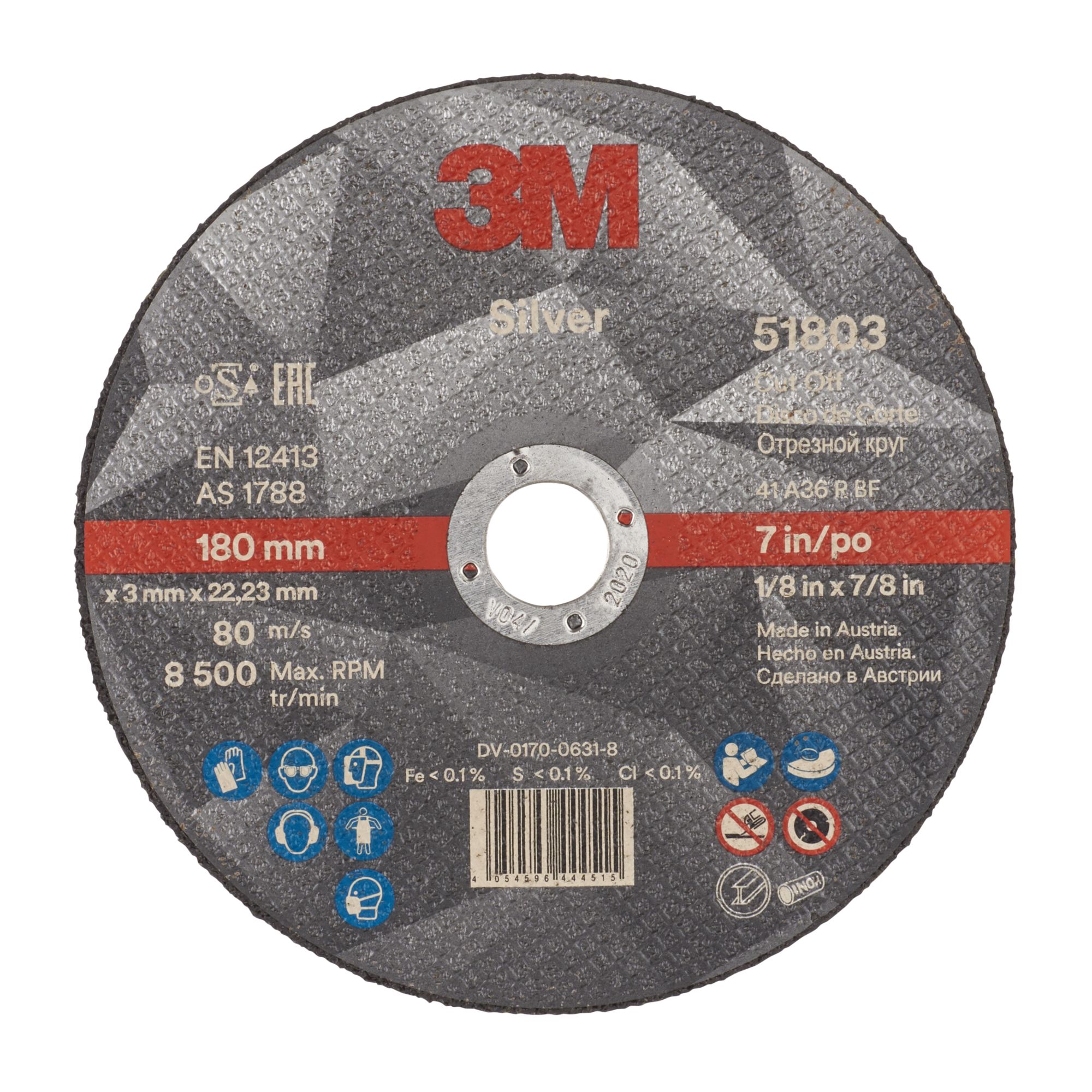 3M™ Disco de Corte Silver Plano, T41, 180 mm x 3 mm x 22 mm, 51803