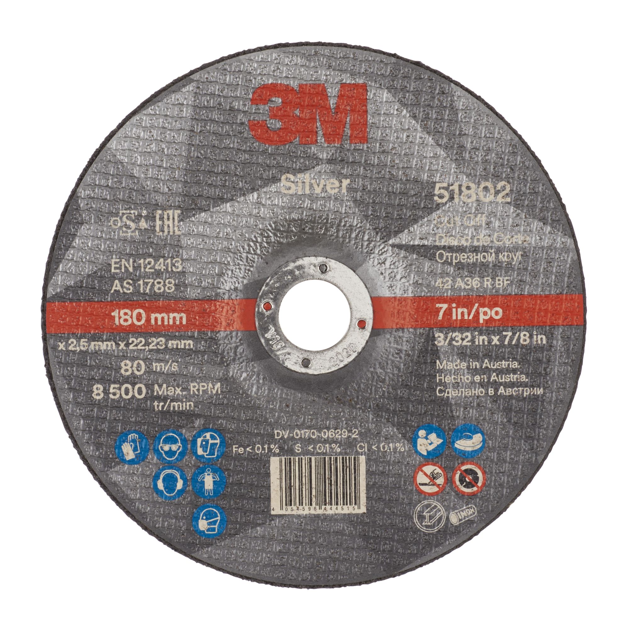 3M™ Disco de Corte Silver de Centro Hundido, T42, 180 mm x 2.5 mm x 22 mm