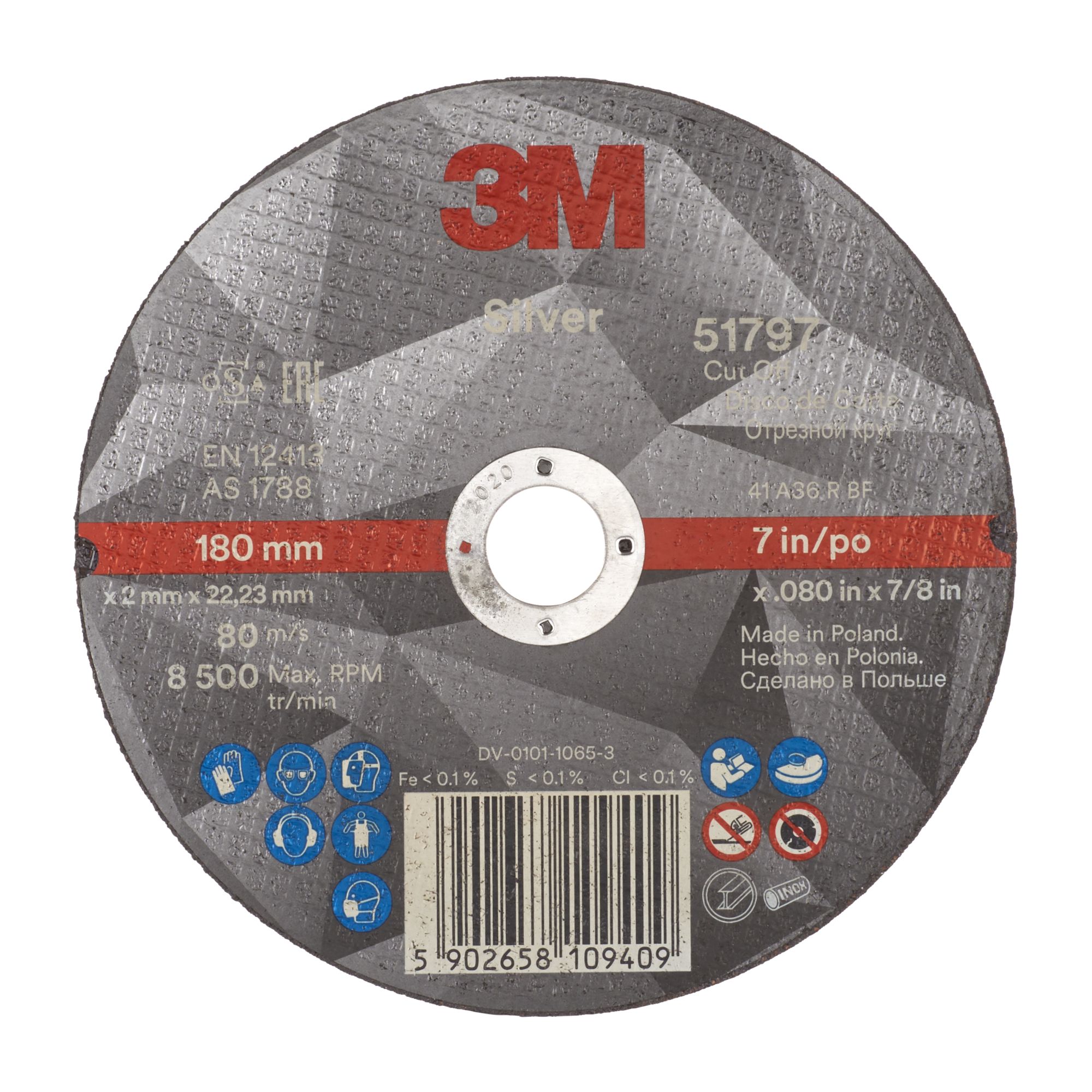 3M™ Disco de Corte Silver Plano, T41, 180 mm x 2 mm x 22 mm, 51797