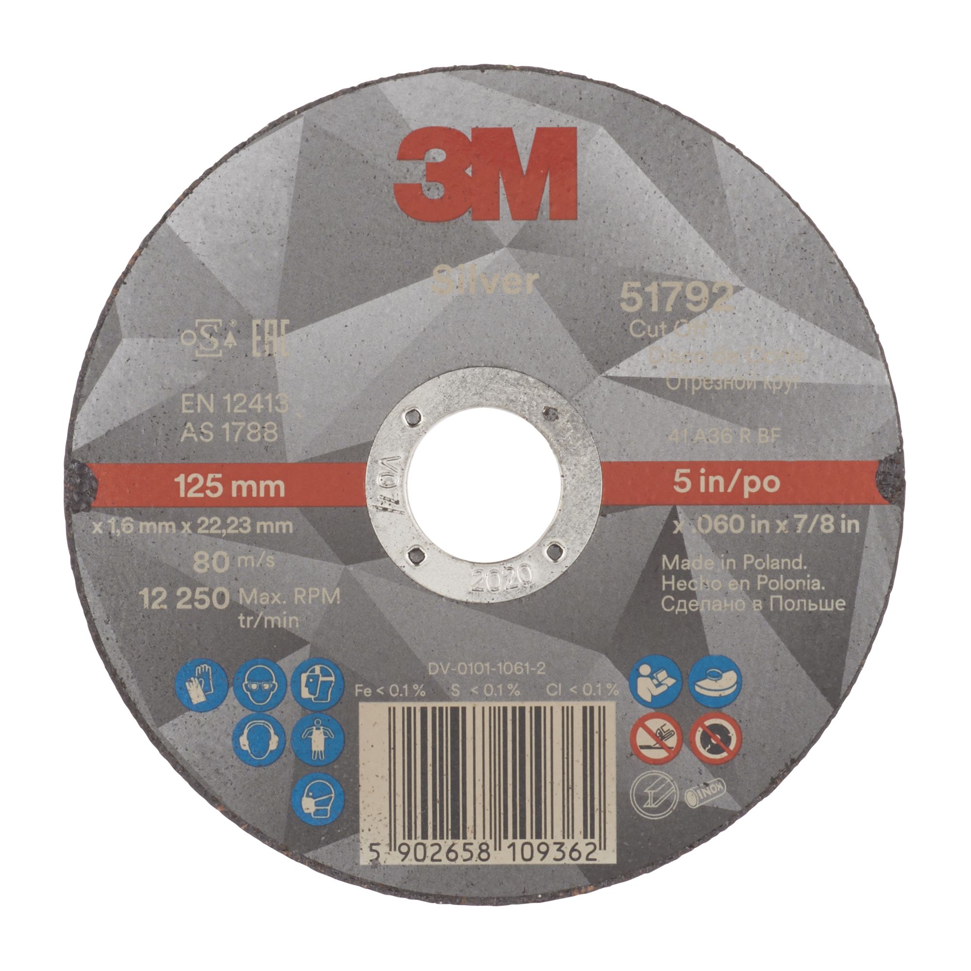 3M™ Disco de Corte Silver Plano, T41, 125 mm x 1.6 mm x 22 mm, 51792