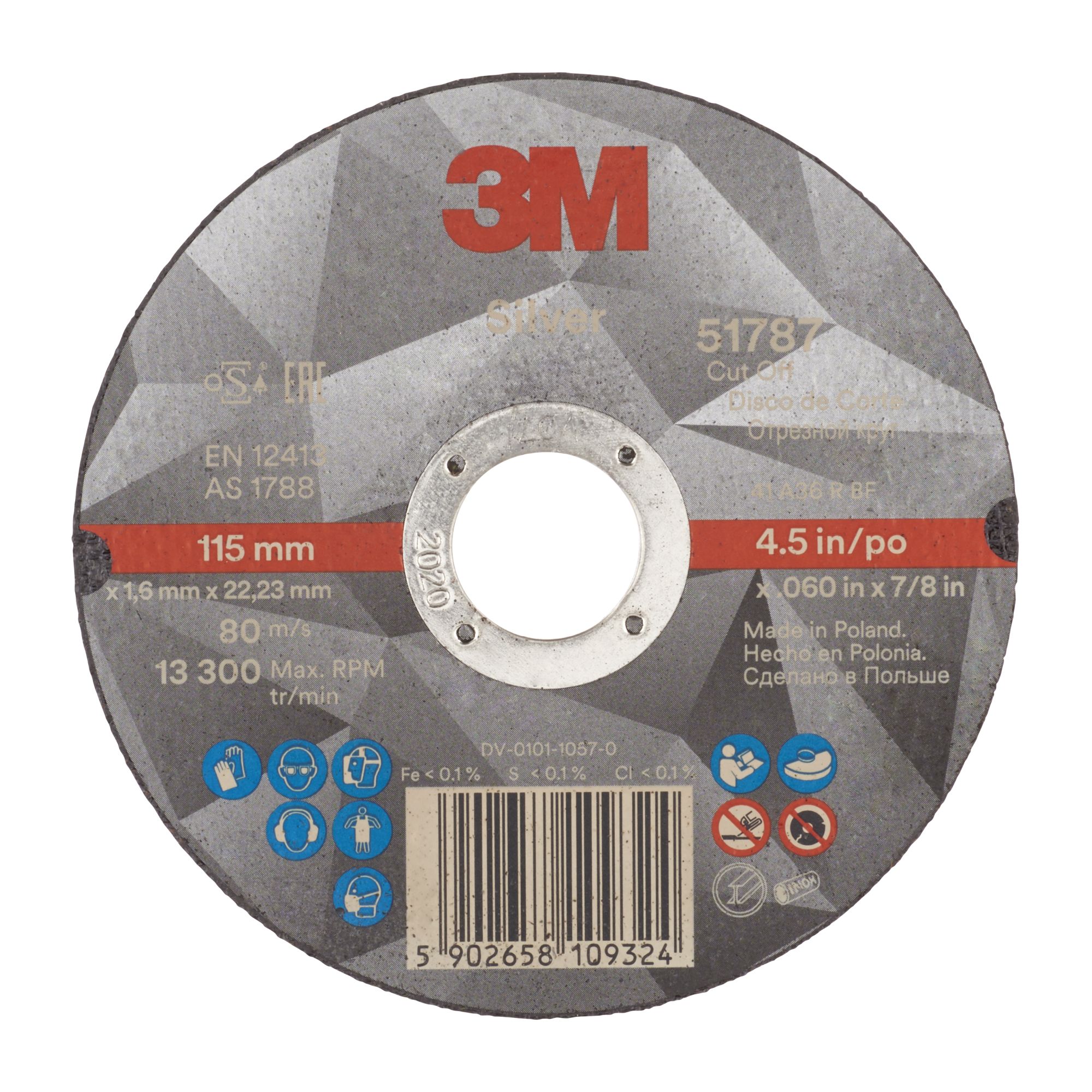 3M™ Disco de Corte Silver Plano, T41, 115 mm x 1.6 mm x 22 mm, 51787