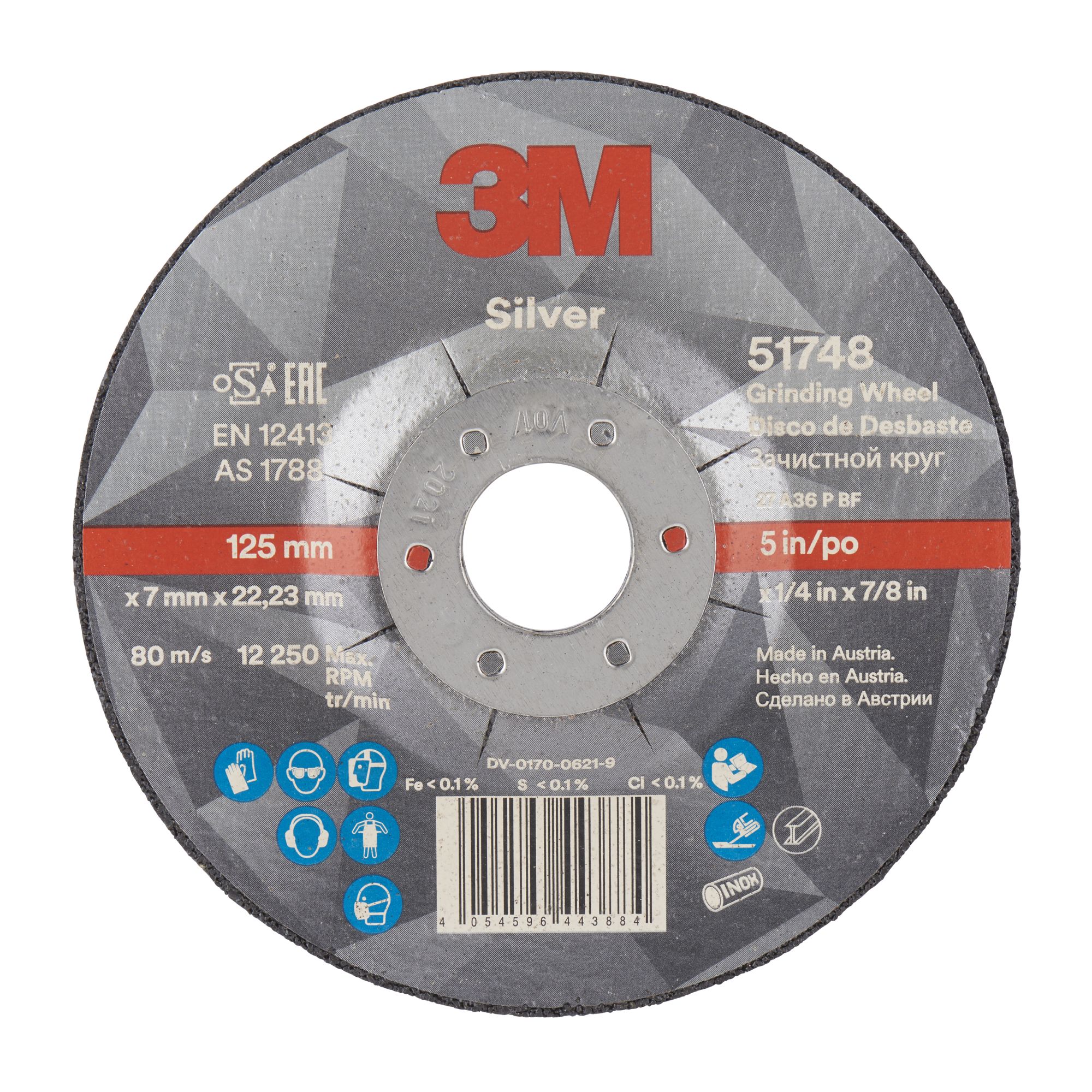 3M™ Disco de Desbaste de Centro Hundido Silver, T27, 127 mm x 7 mm x 22 mm, 51748