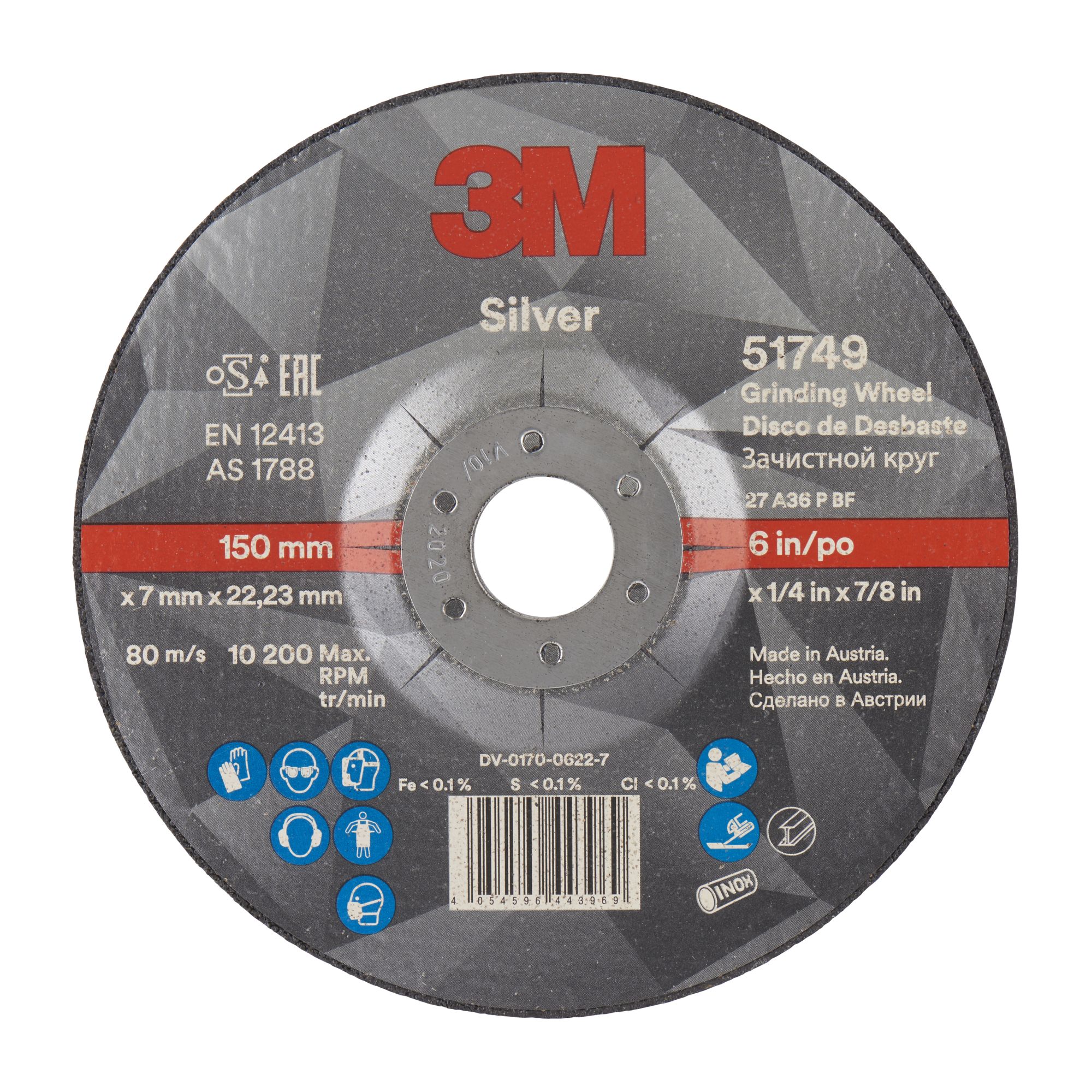 3M™ Disco de Desbaste de Centro Hundido Silver, T27, 150 mm x 7 mm x 22 mm, 51749