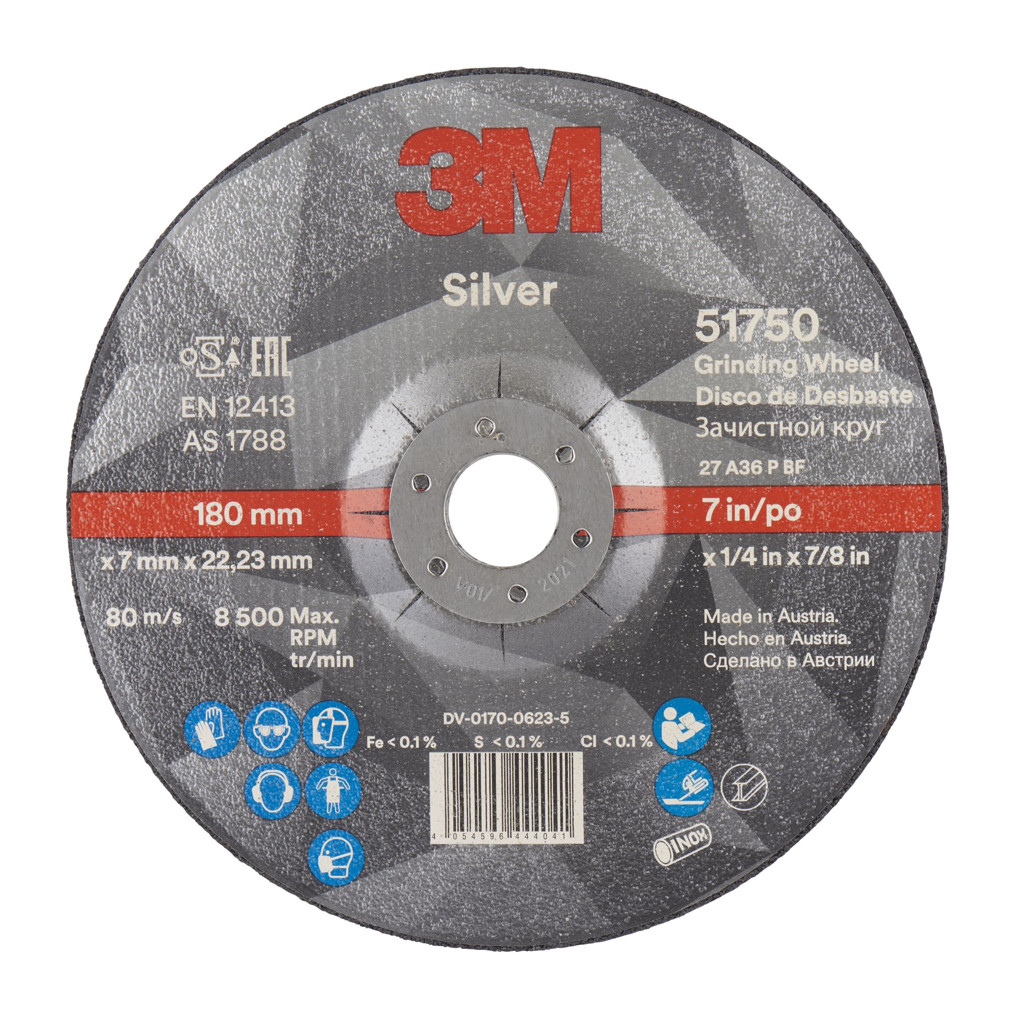 3M™ Disco de Desbaste de Centro Hundido Silver, T27, 180 mm x 7 mm x 22 mm, 51750