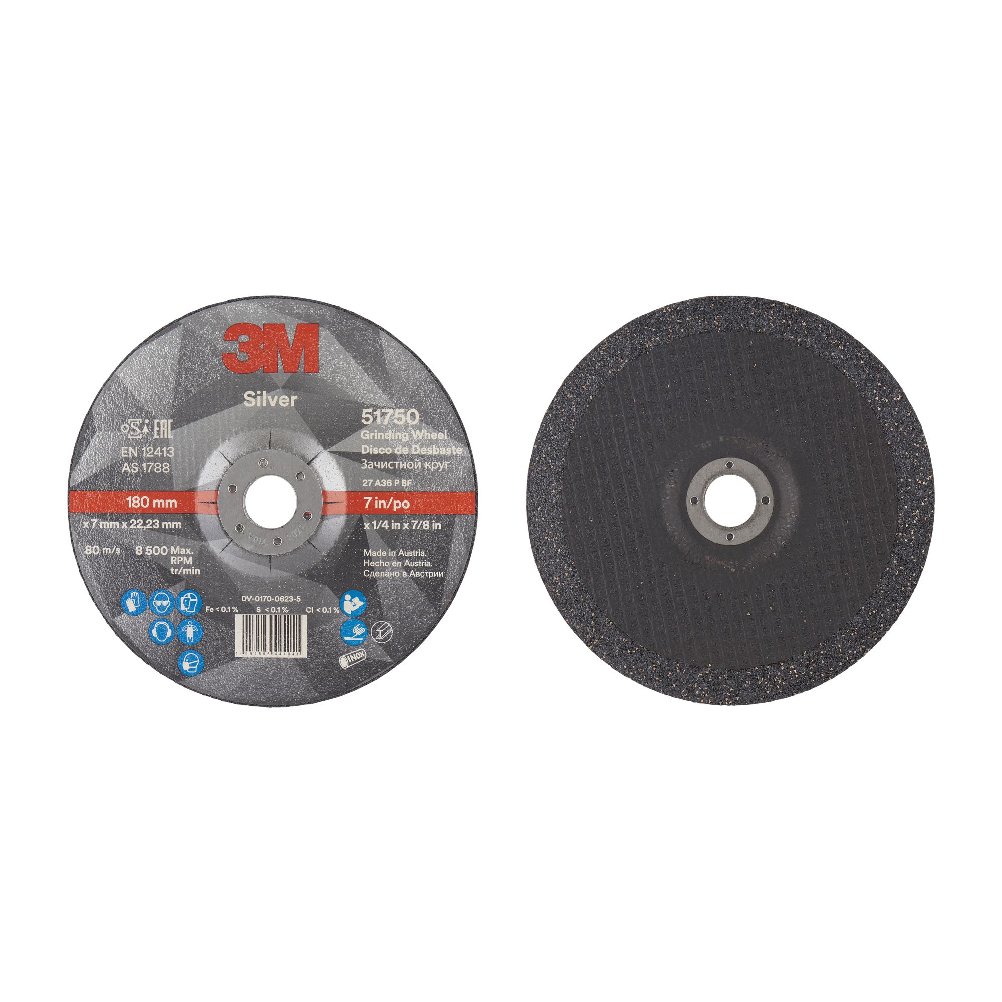 3M™ Disco de Desbaste de Centro Hundido Silver, T27, 180 mm x 7 mm x 22 mm, 51750