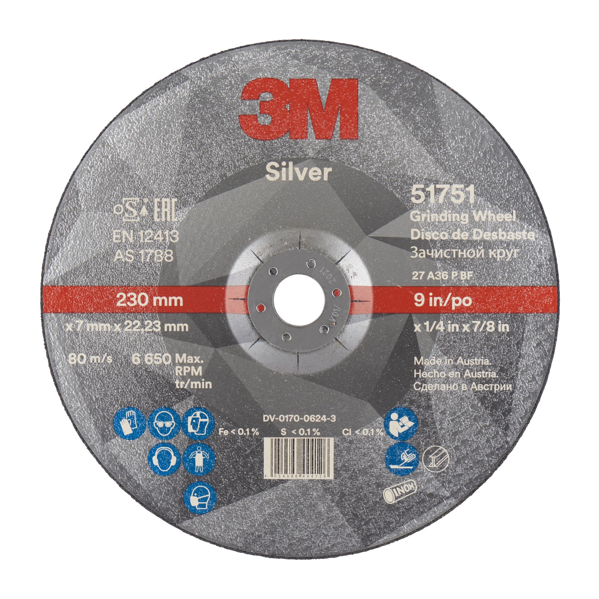 3M™ Disco de Desbaste de Centro Hundido Silver, T27, 230 mm x 7 mm x 22 mm, 51751