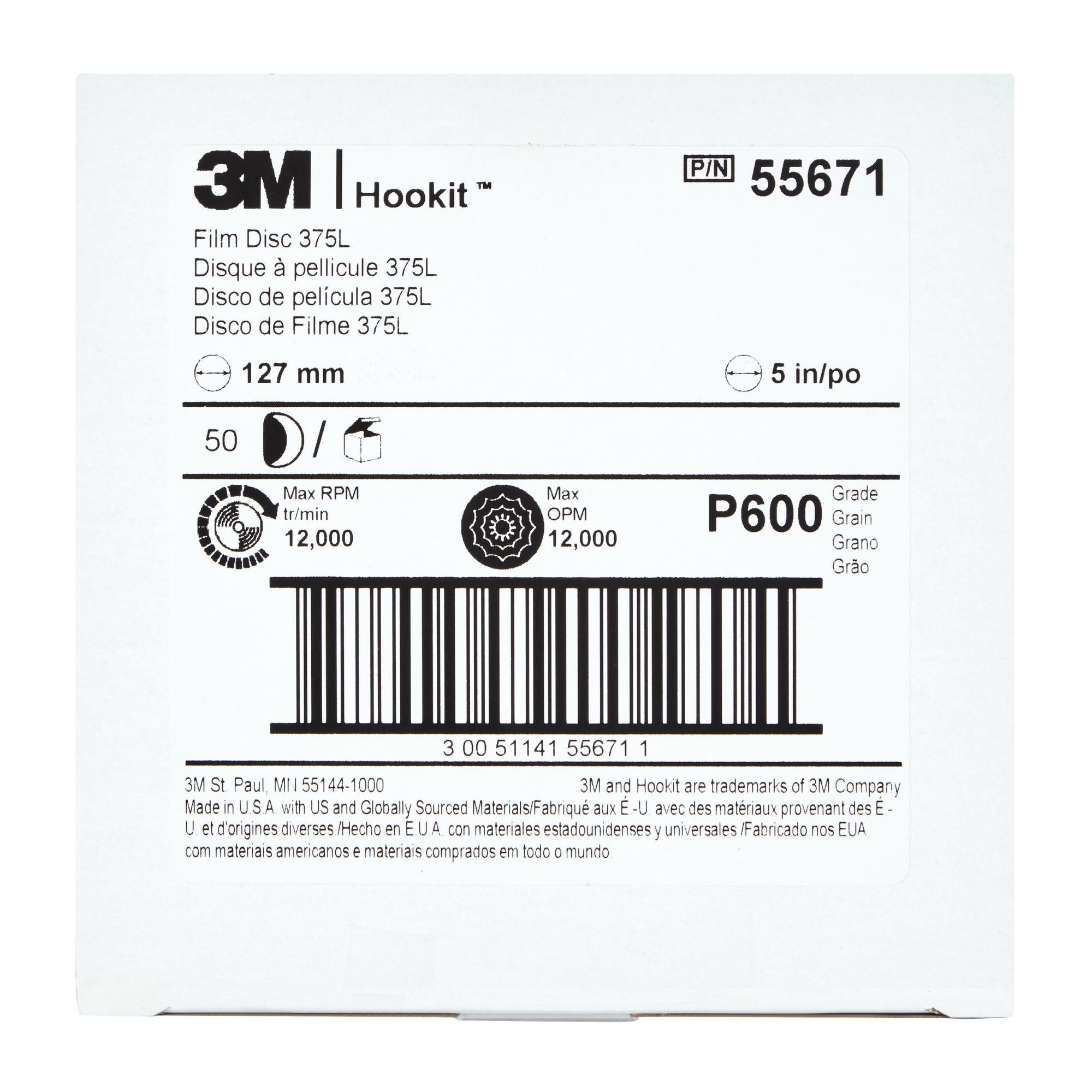3M™ Hookit™ Disco de Film 375L, 127 mm, Sin agujero, P600