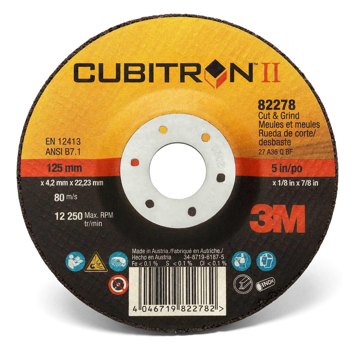3M™ Cubitron™ II Disco de Corte y Desbaste T27, 125 mm x 4.2 mm x 22.2 mm, 81149
