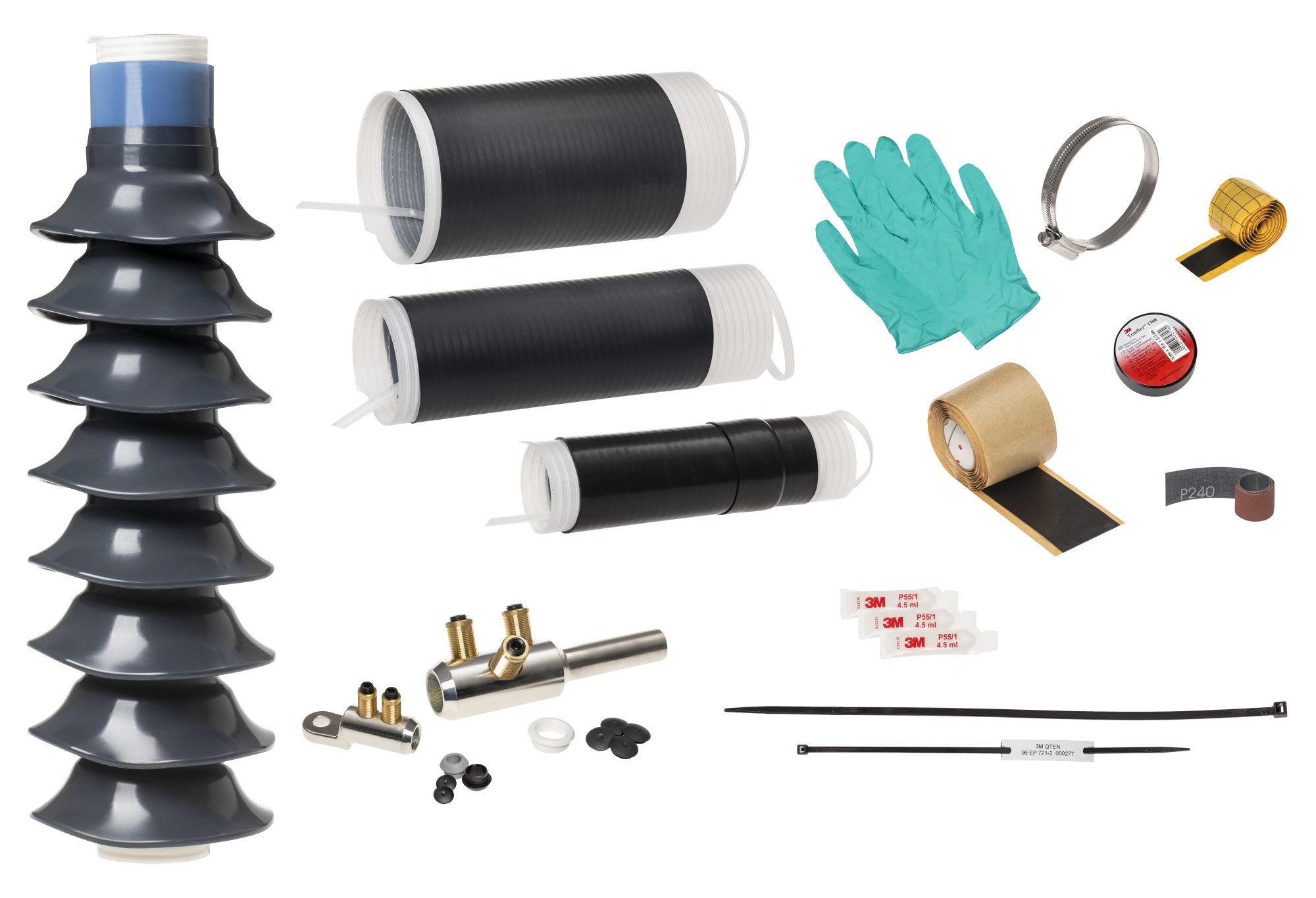 3M™ Kit de terminación de alta tensión contráctil en frío QTEN 96-EP 720-2 E/C (400-630) con conector, de hasta 72,5 kV, secciones transversales de 400-630 mm2. 1 por caja.