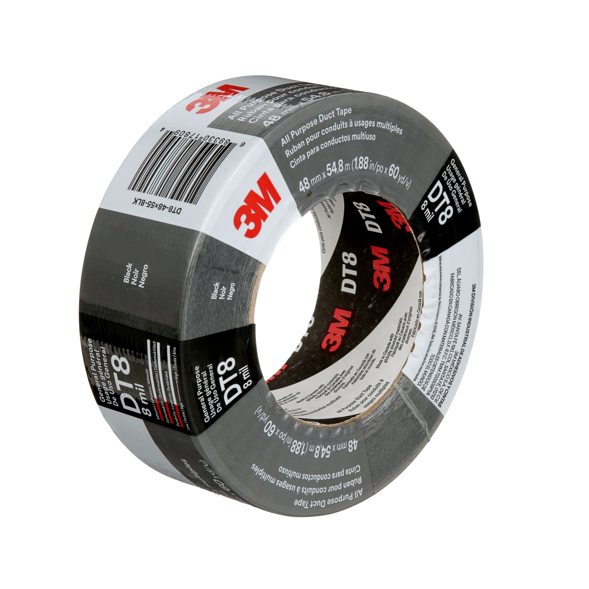 3M™ Cinta americana multiuso DT8, Negro, 48 mm x 55 m, 0.2 mm, 24 rollos por caja, envueltos individualmente