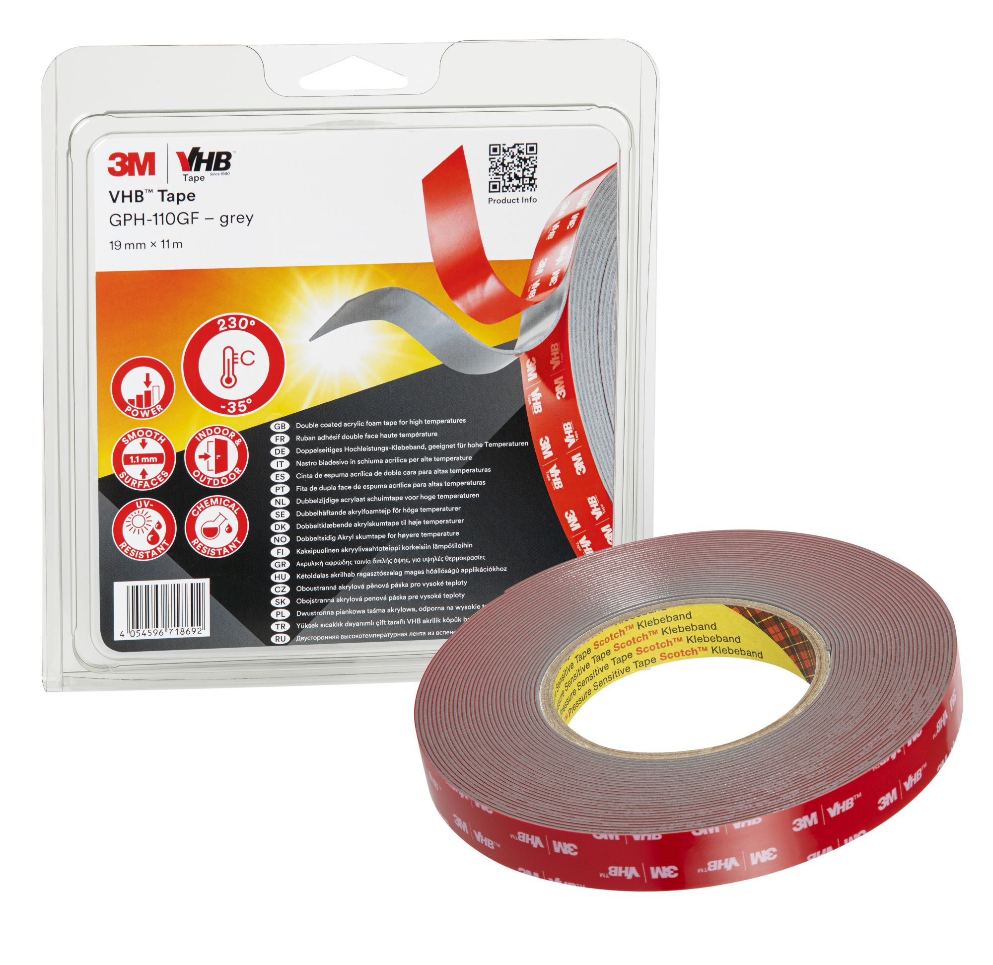 3M™ VHB™ Cinta de Espuma Acrílica GPH-110GF, Gris, 19 mm x 11 m, 1.1 mm