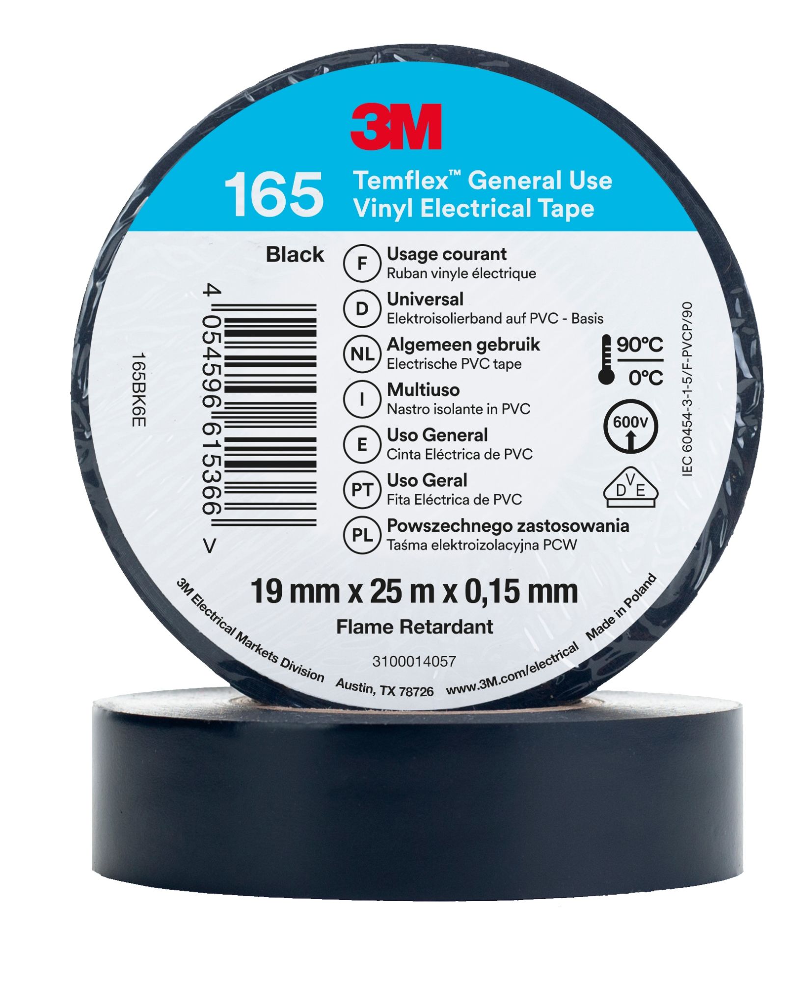 3M™ Temflex™ 165 Cinta PVC, Color Negro, 19 mm x 25 m