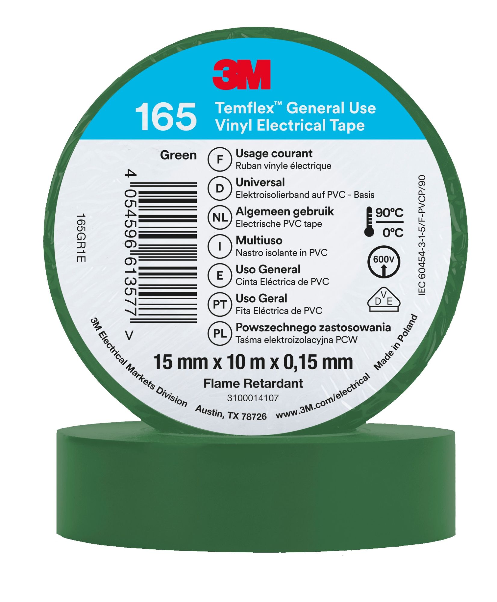 3M™ Temflex™ 165 Cinta PVC, Verde, 15 mm x 10 m