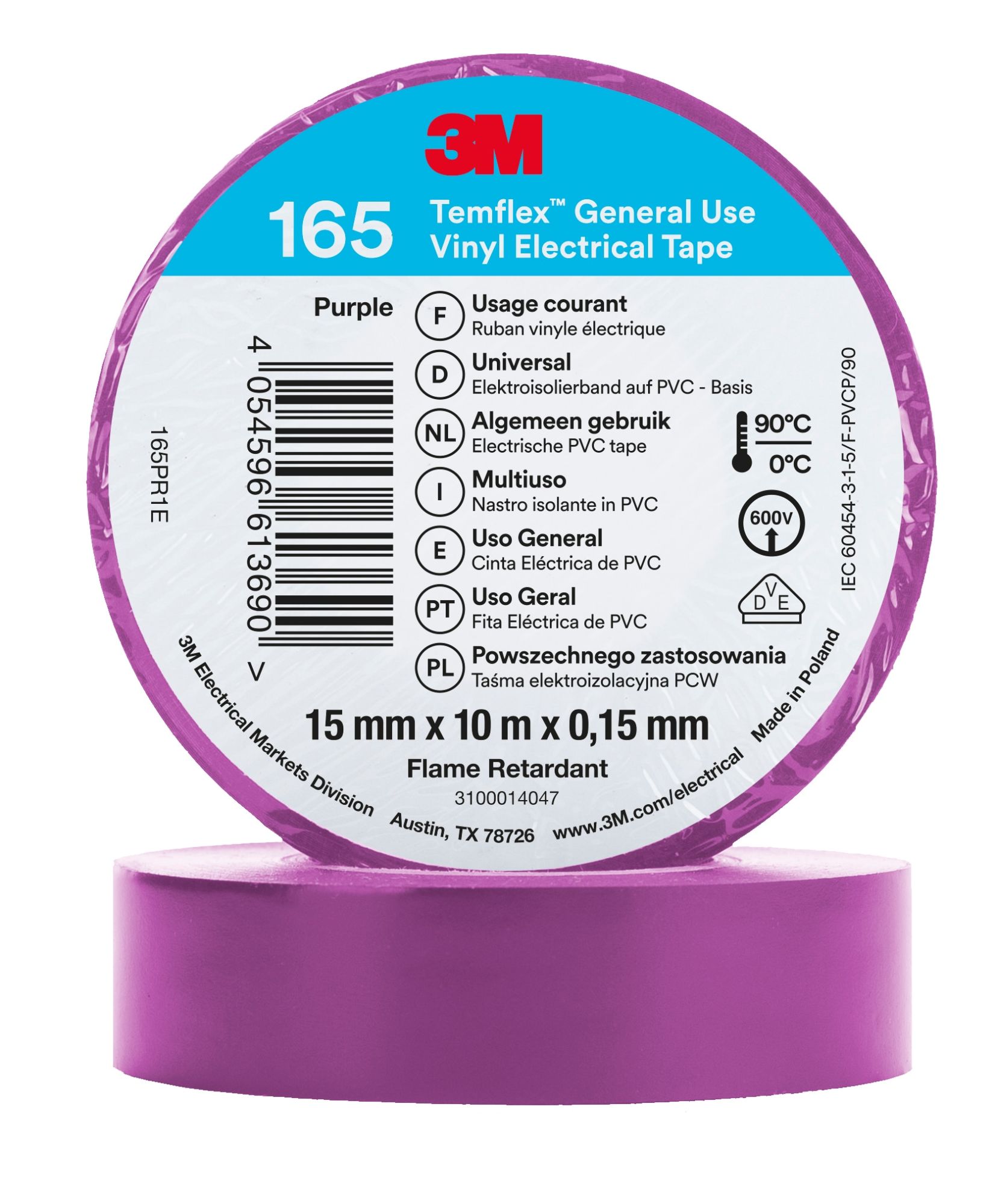 3M™ Temflex™ 165 Cinta PVC, Violeta, 15 mm x 10 m