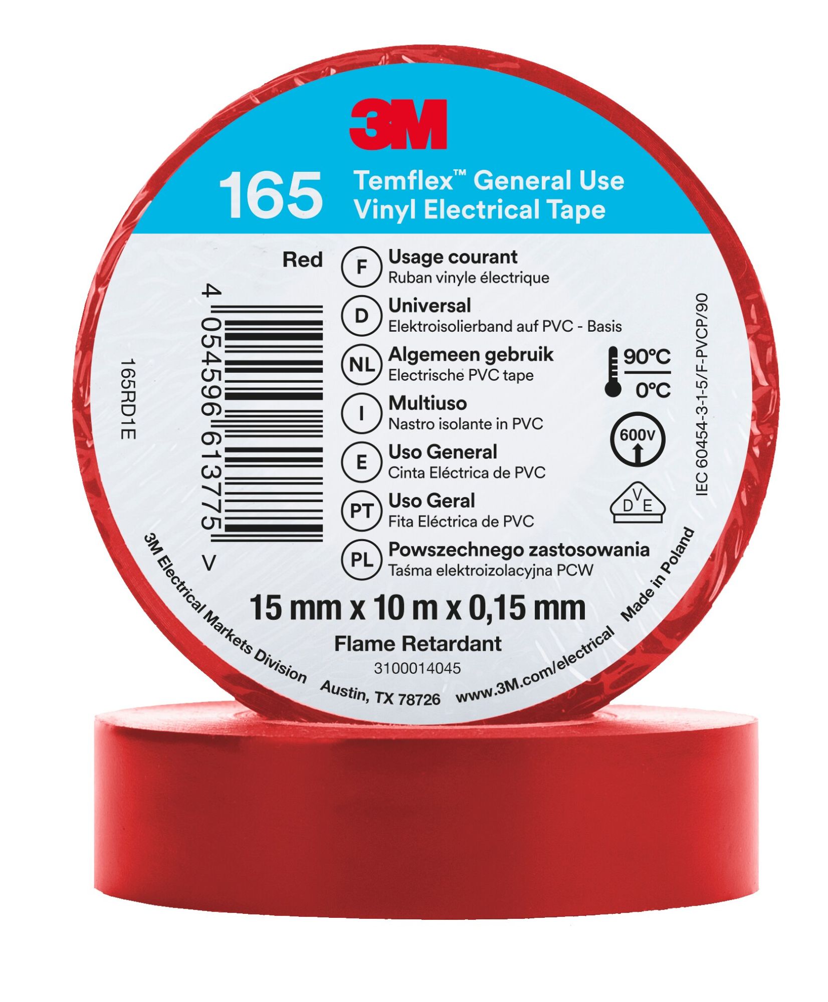 3M™ Temflex™ 165 Cinta PVC,  Rojo, 15 mm x 10 m