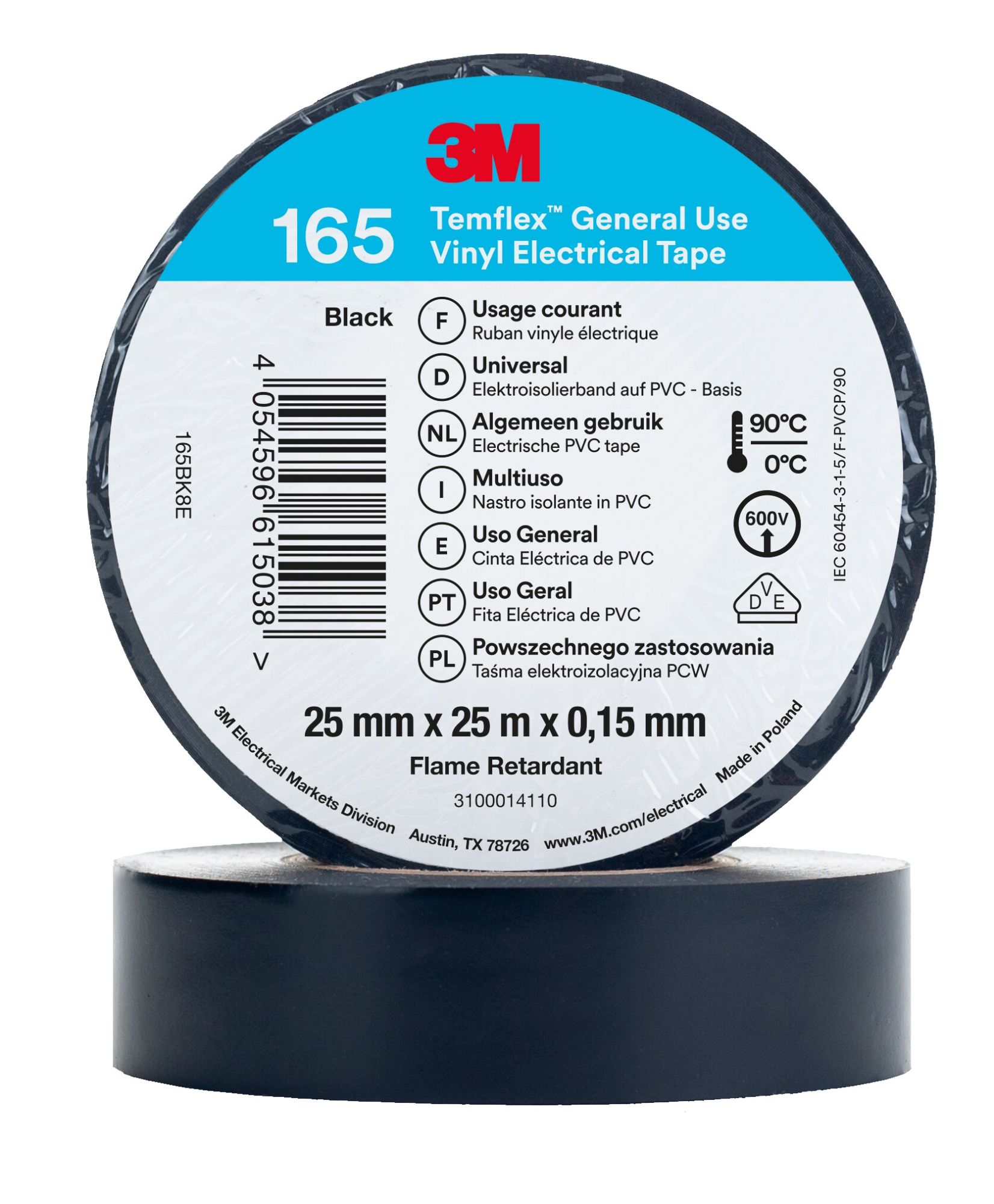 Cinta eléctrica de PVC 3M™ Temflex™ 165, Color Negro, 25 mm x 25 m