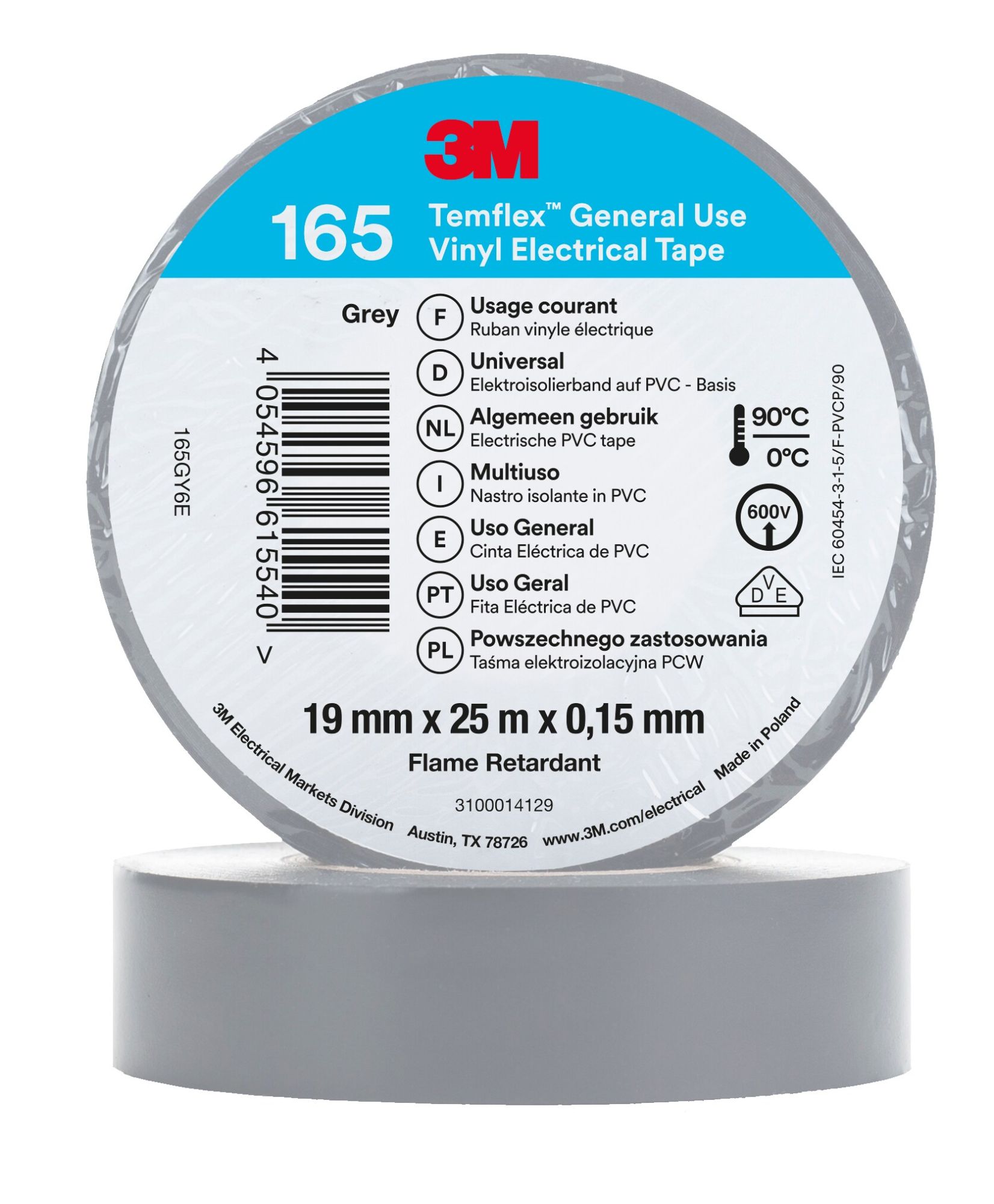 Cinta eléctrica de PVC 3M™ Temflex™ 165, Gris, 19 mm x 25 m