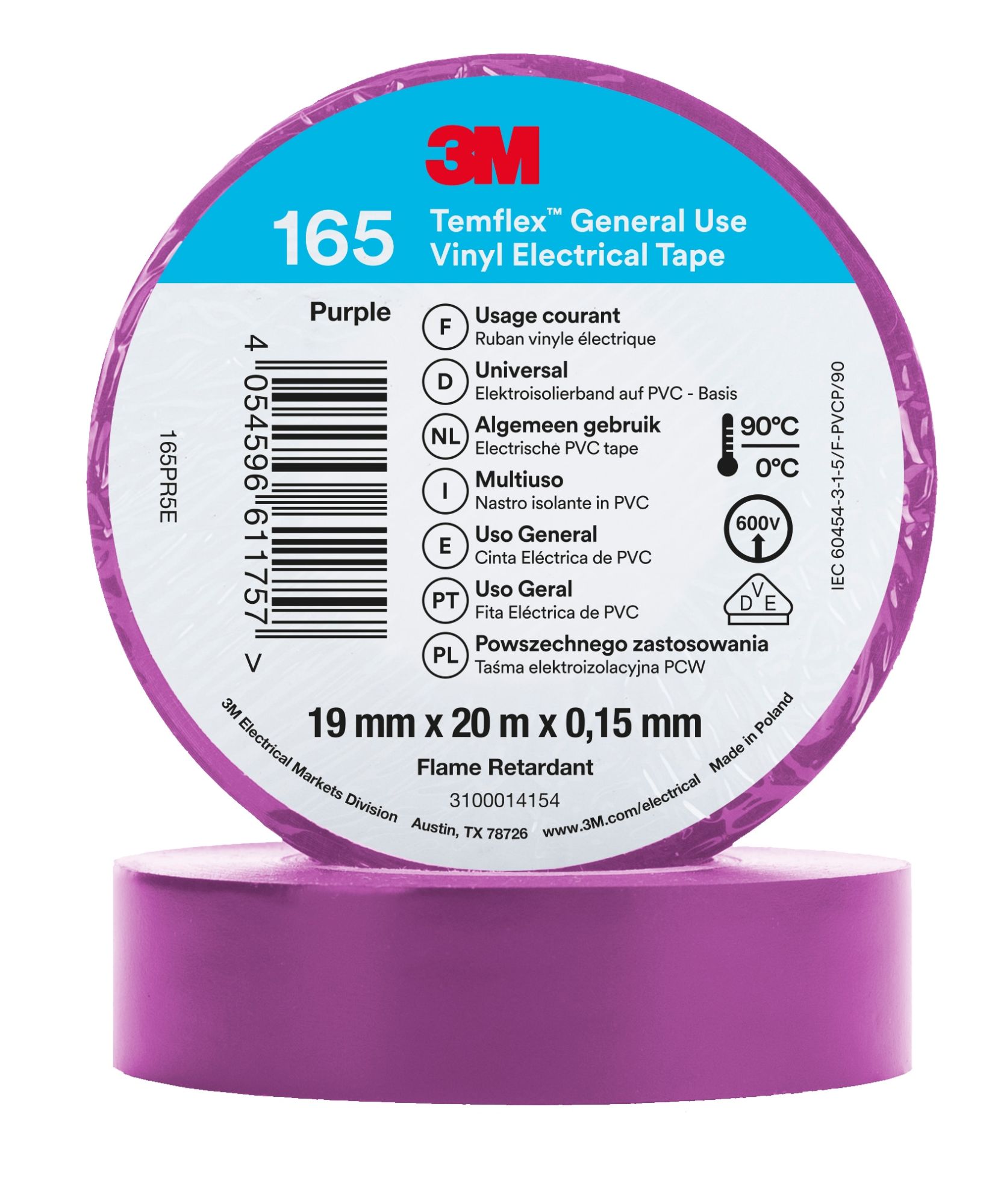 Cinta eléctrica de PVC 3M™ Temflex™ 165,  Violeta, 19 mm x 20 m