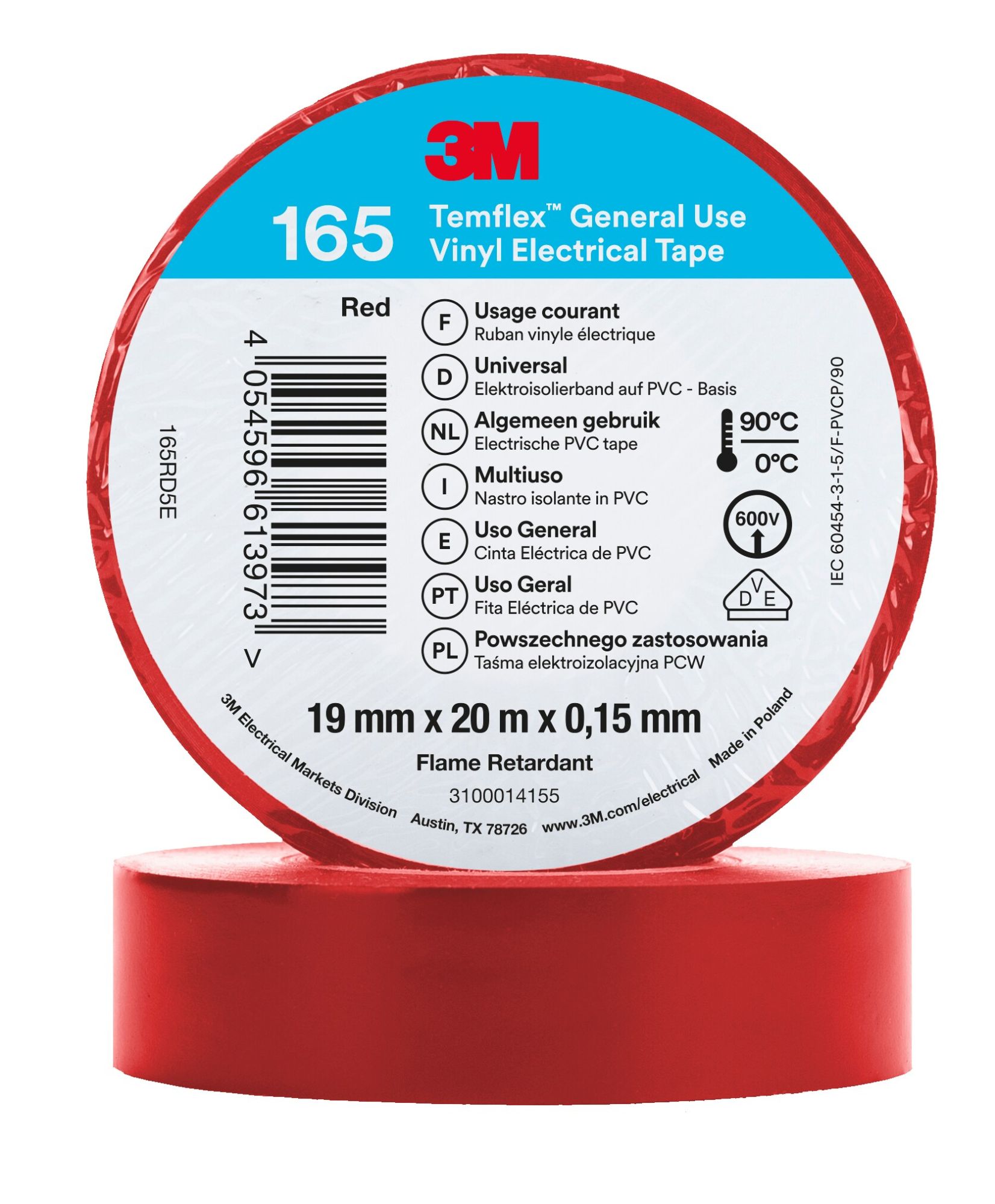 Cinta eléctrica de PVC 3M™ Temflex™ 165, Arcoíris, 15 mm x 10 m