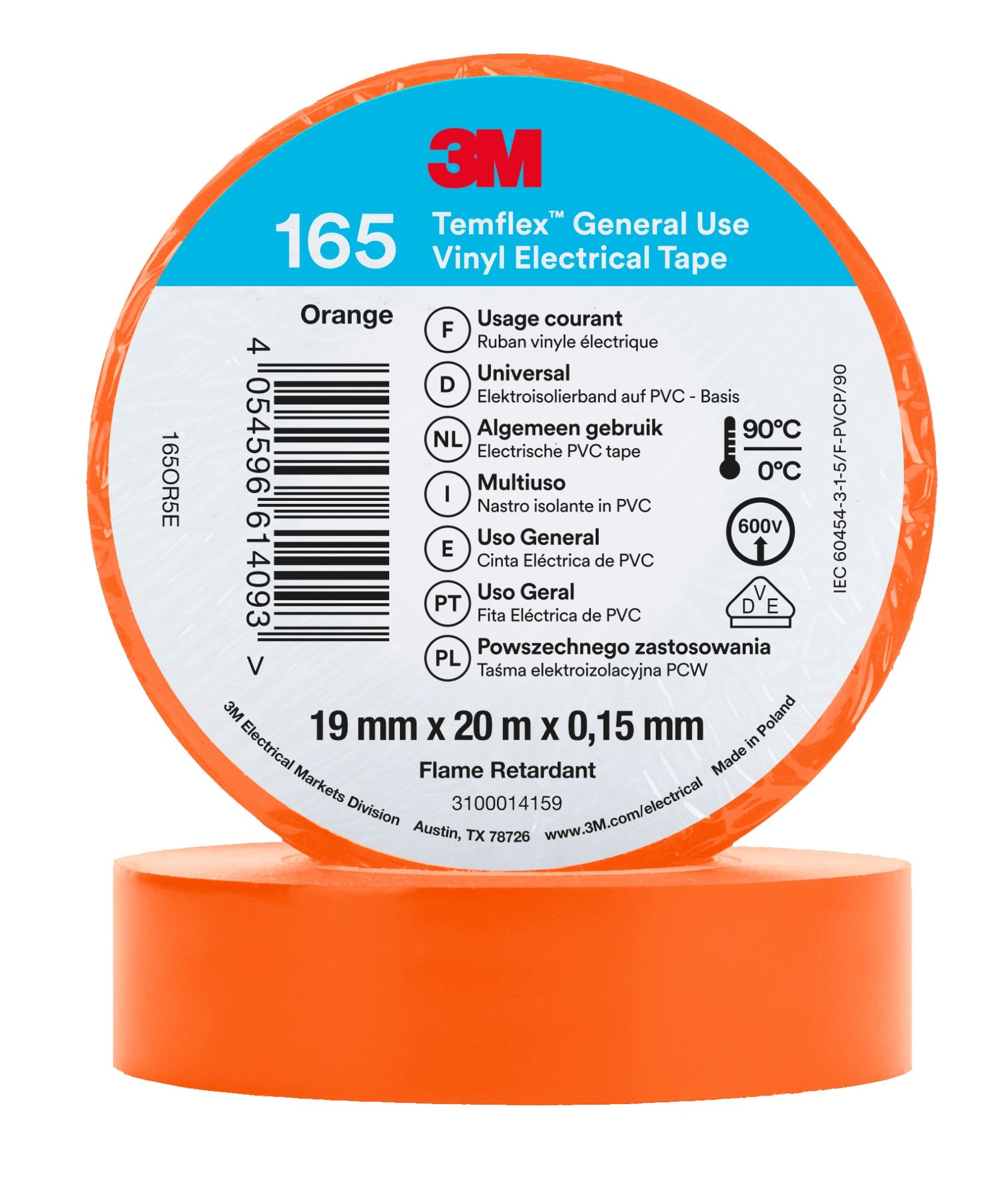 3M™ Temflex™ 165 Cinta PVC, Naranja, 19 mm x 20 m