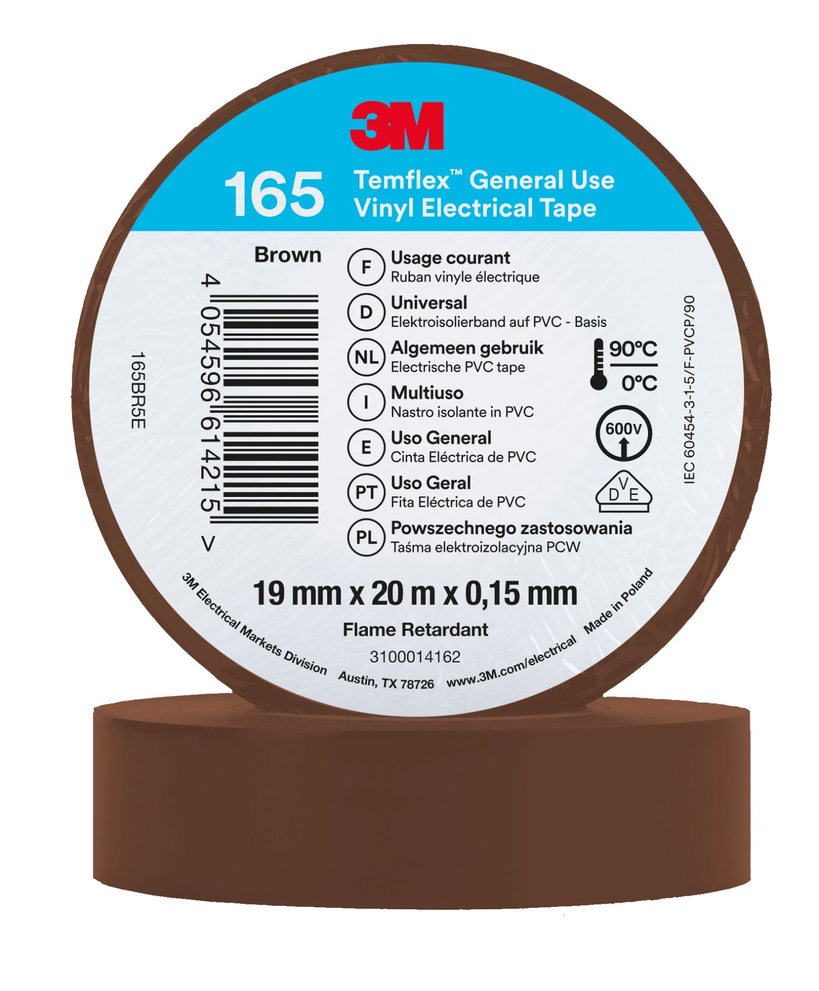 Cinta eléctrica de PVC 3M™ Temflex™ 165,  Marrón, 19 mm x 20 m