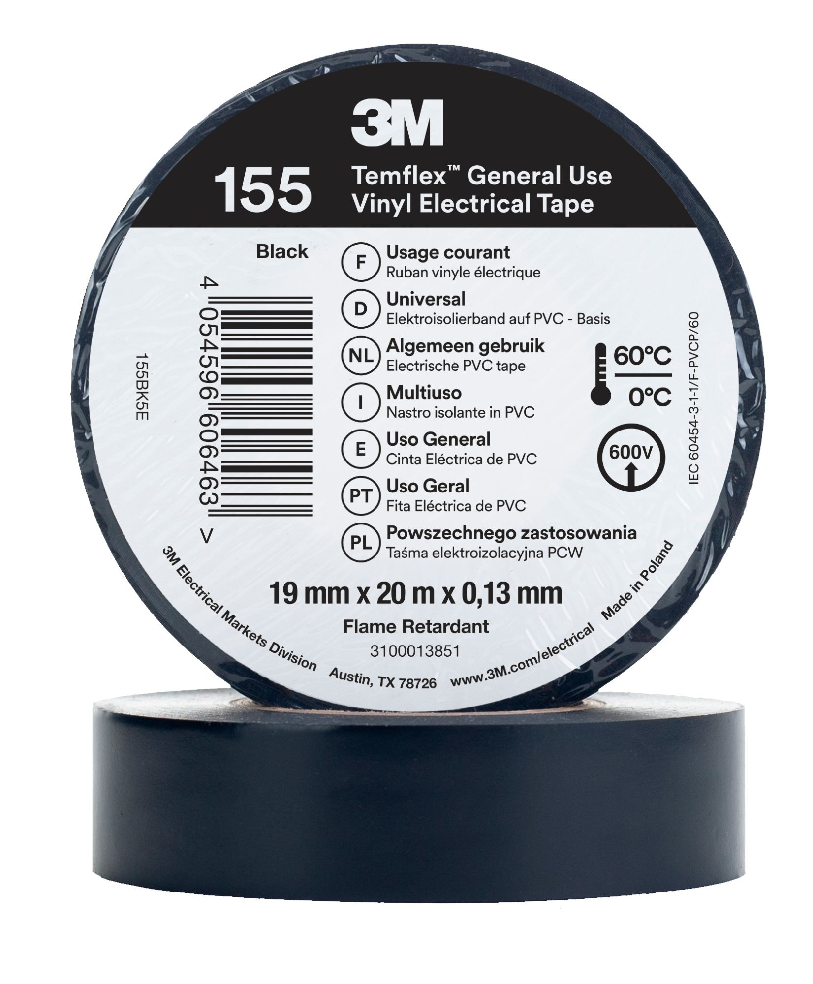 3M™ Temflex™ 155 Cinta PVC, Color Negro, 19 mm x 20 m