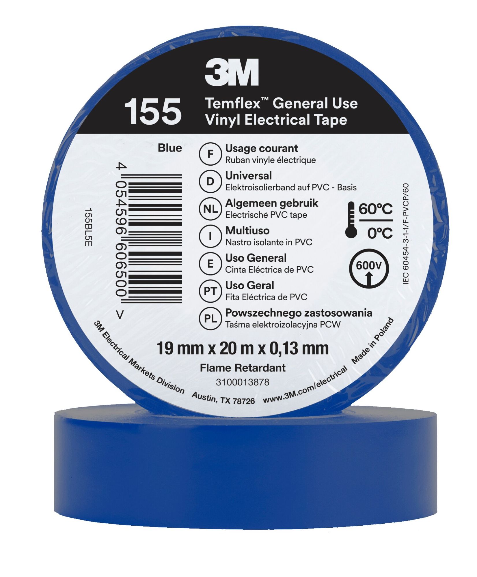 3M™ Temflex™ 155 Cinta PVC,  Azul, 19 mm x 20 m