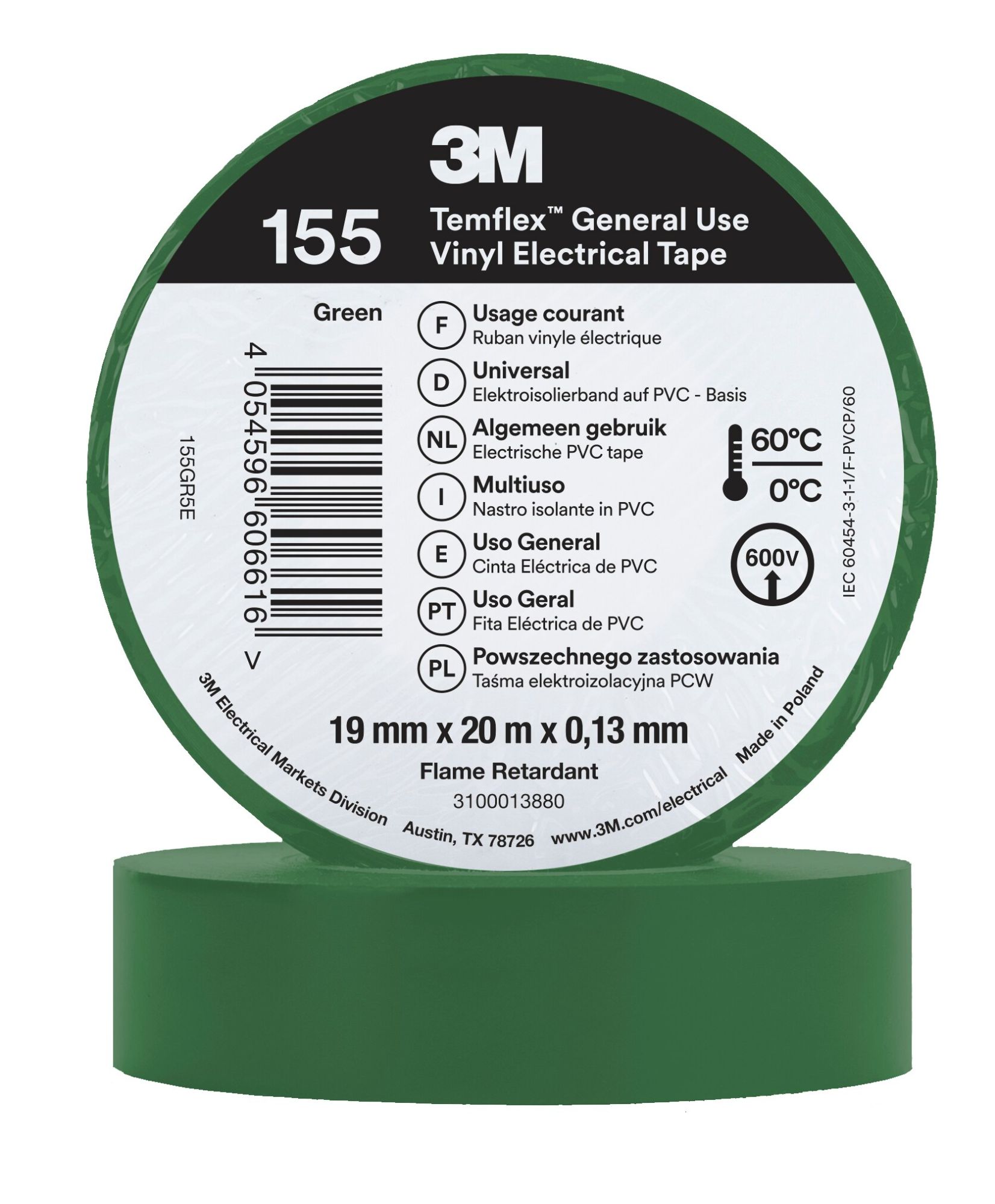3M™ Temflex™ 155 Cinta PVC, Verde,  19 mm x 20 m