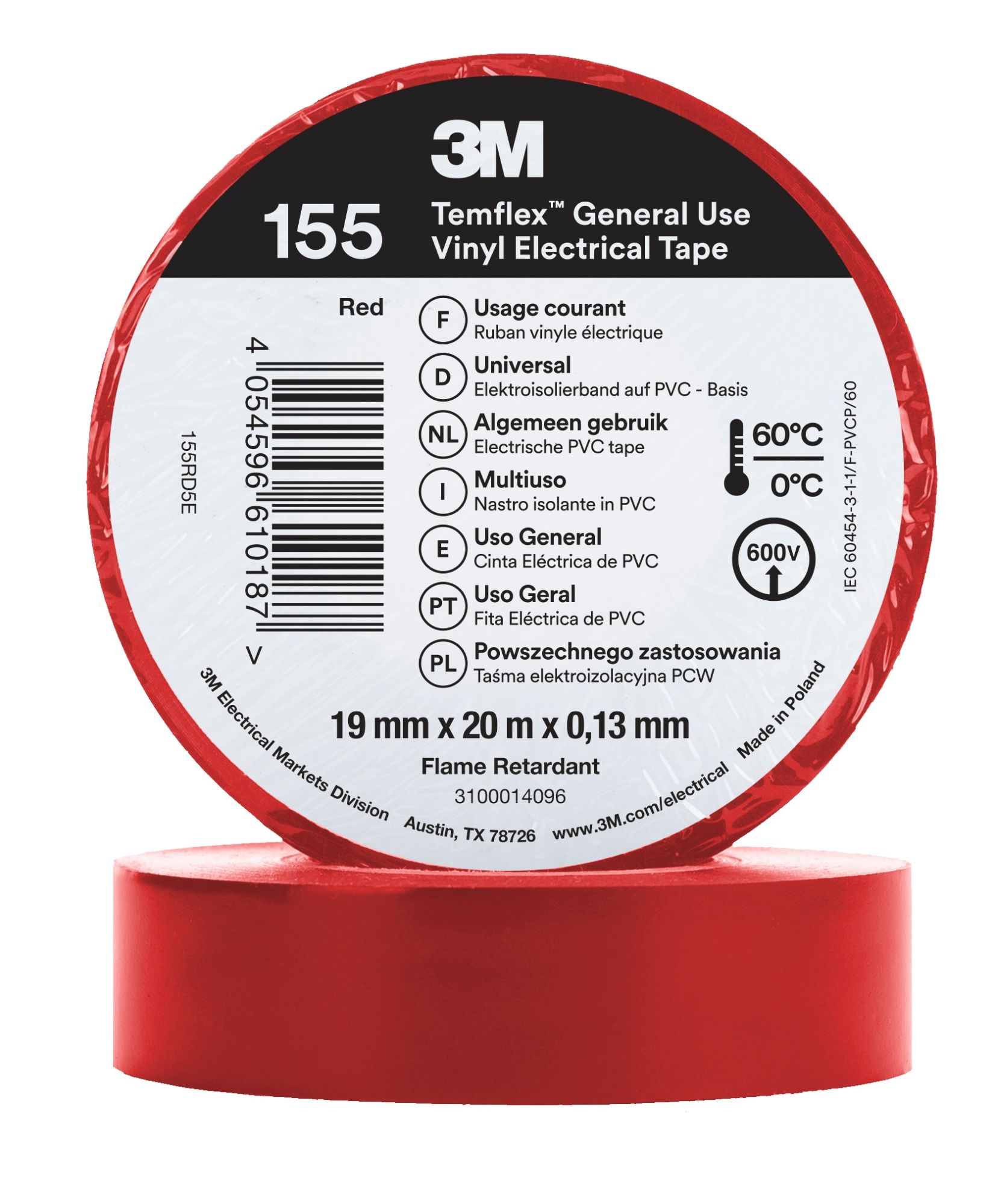 3M™ Temflex™ 155 Cinta PVC, Rojo, 19 mm x 20 m