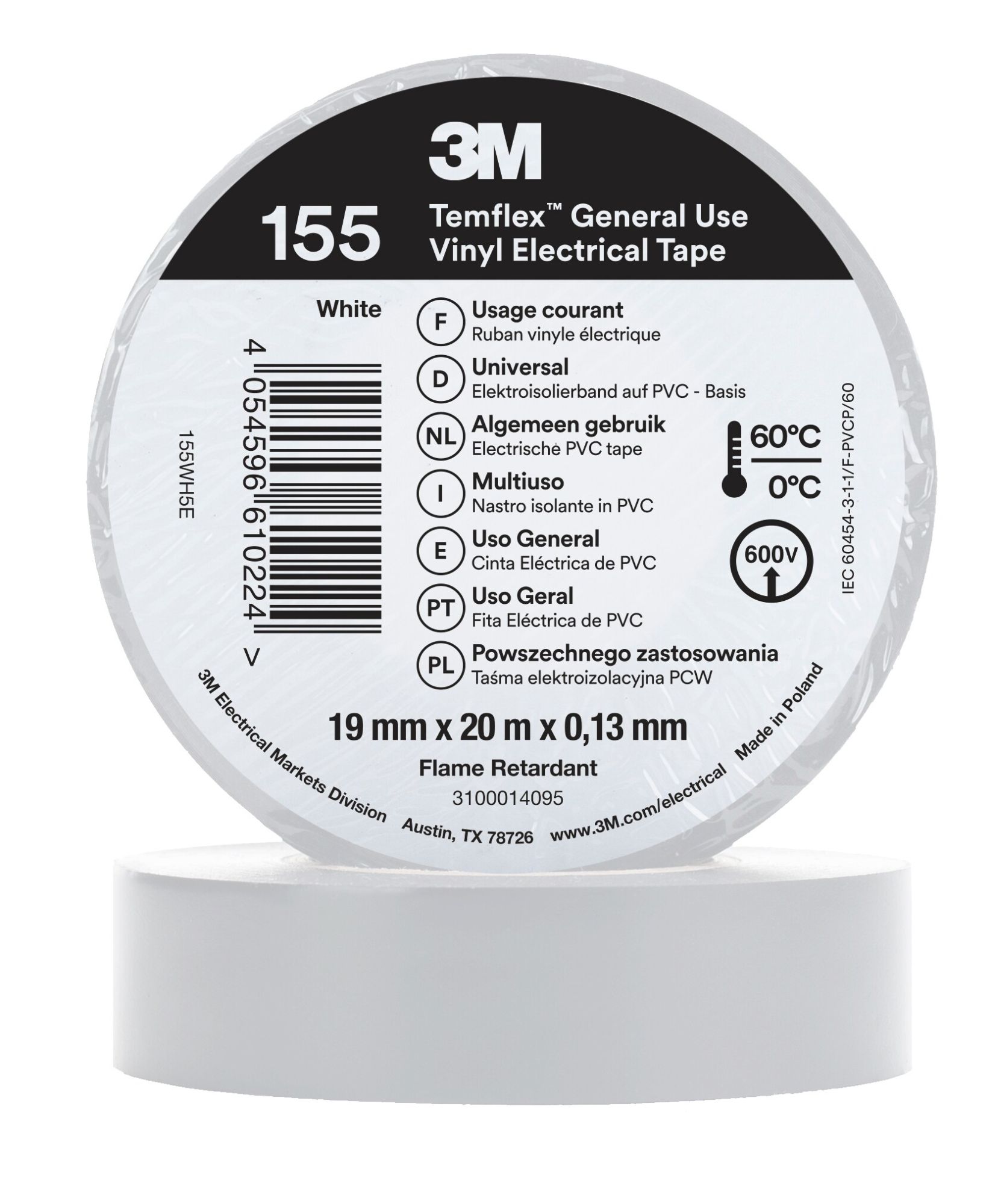 3M™ Temflex™ 155 Cinta PVC, Color Blanco, 19 mm x 20 m