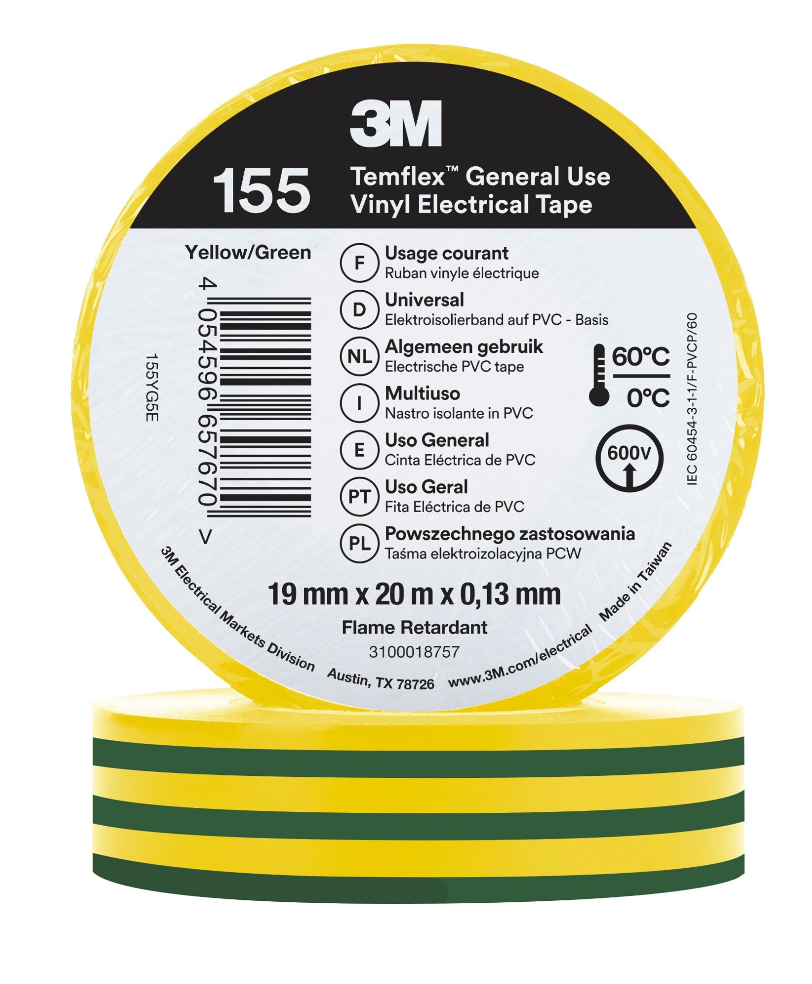 3M™ Temflex™ Cinta eléctrica de PVC 155, Verde/Amarillo,  19 mm x 20 m
