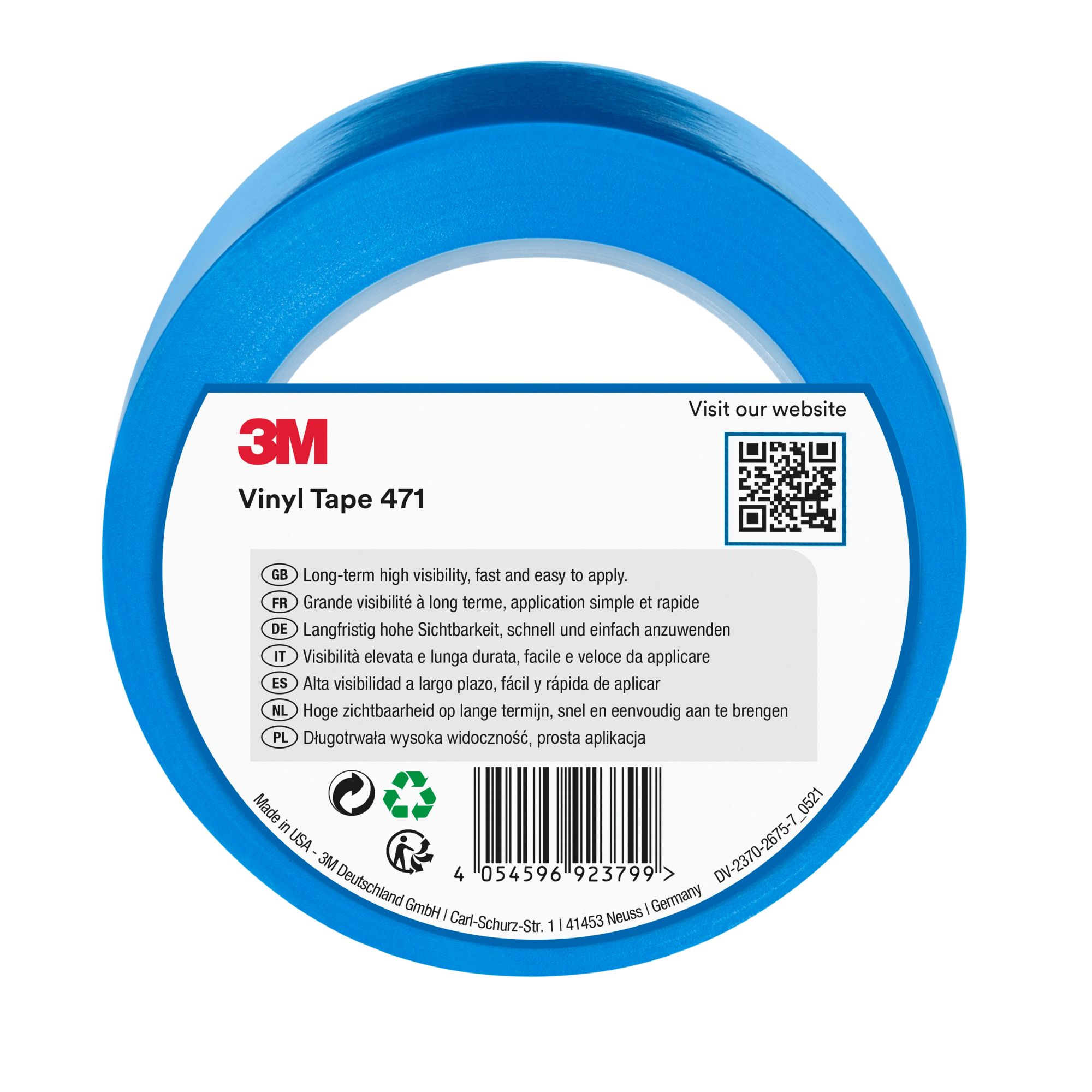 3M™ Cinta adhesiva de vinilo 471, Azul, 50 mm x 33 m, Envuelto individualmente Empaquetado convenientemente