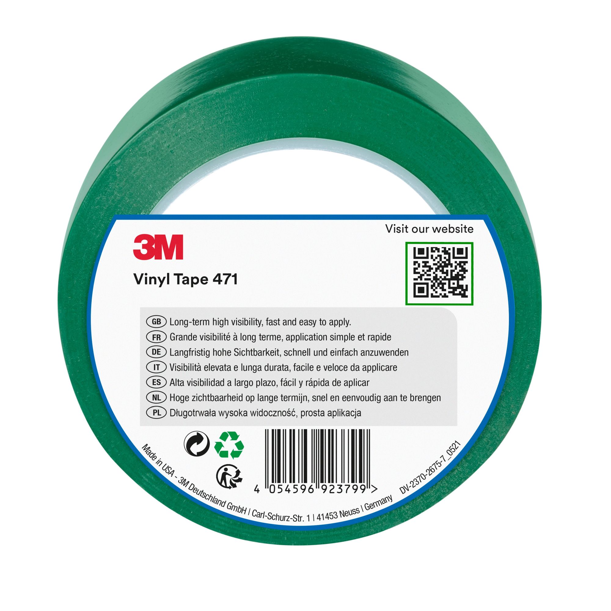 3M™ Cinta adhesiva de vinilo 471, Verde, 50 mm x 33 m, Envuelto individualmente Empaquetado convenientemente