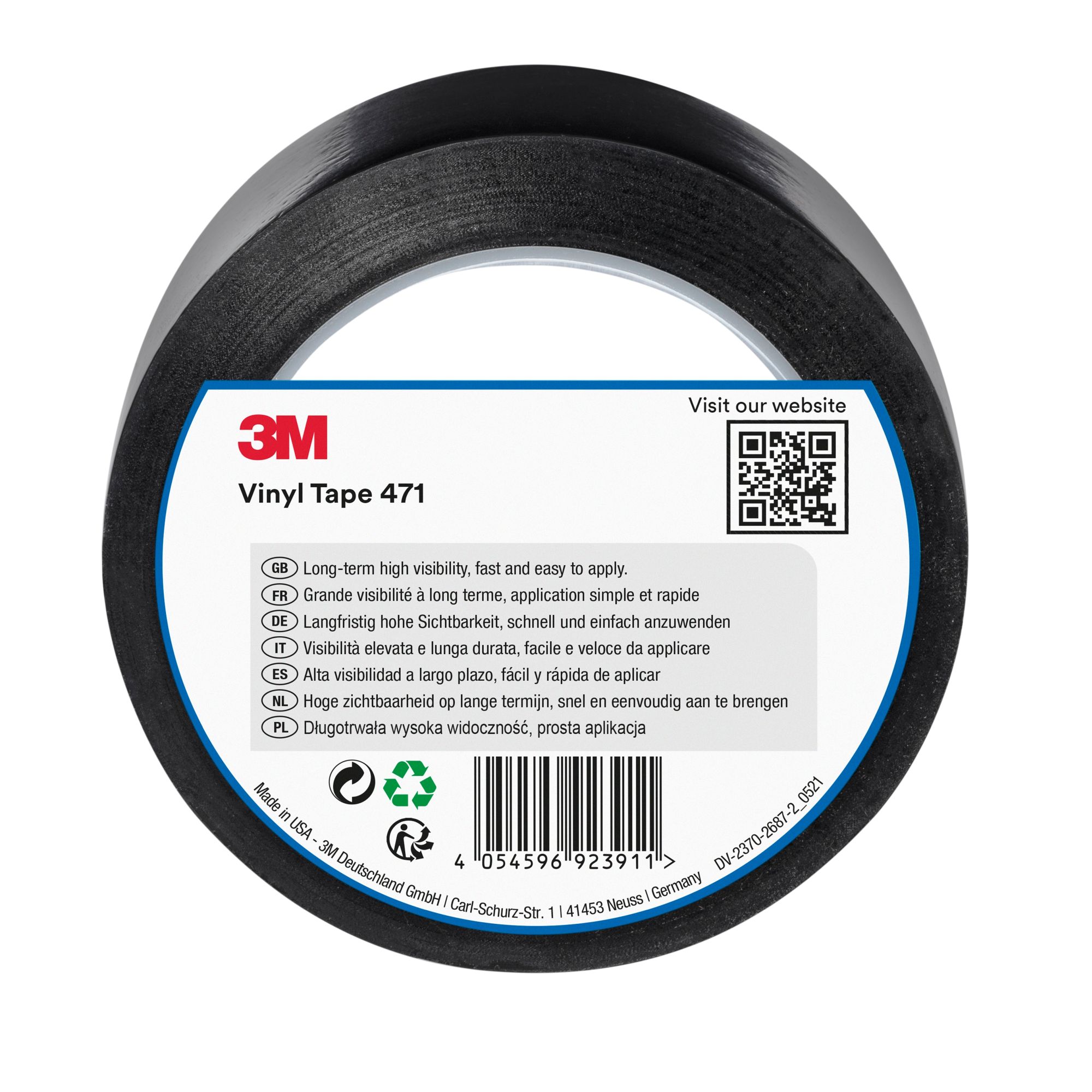 3M™ Cinta adhesiva de vinilo 471, Negro, 50 mm x 33 m, Envuelto individualmente Empaquetado convenientemente