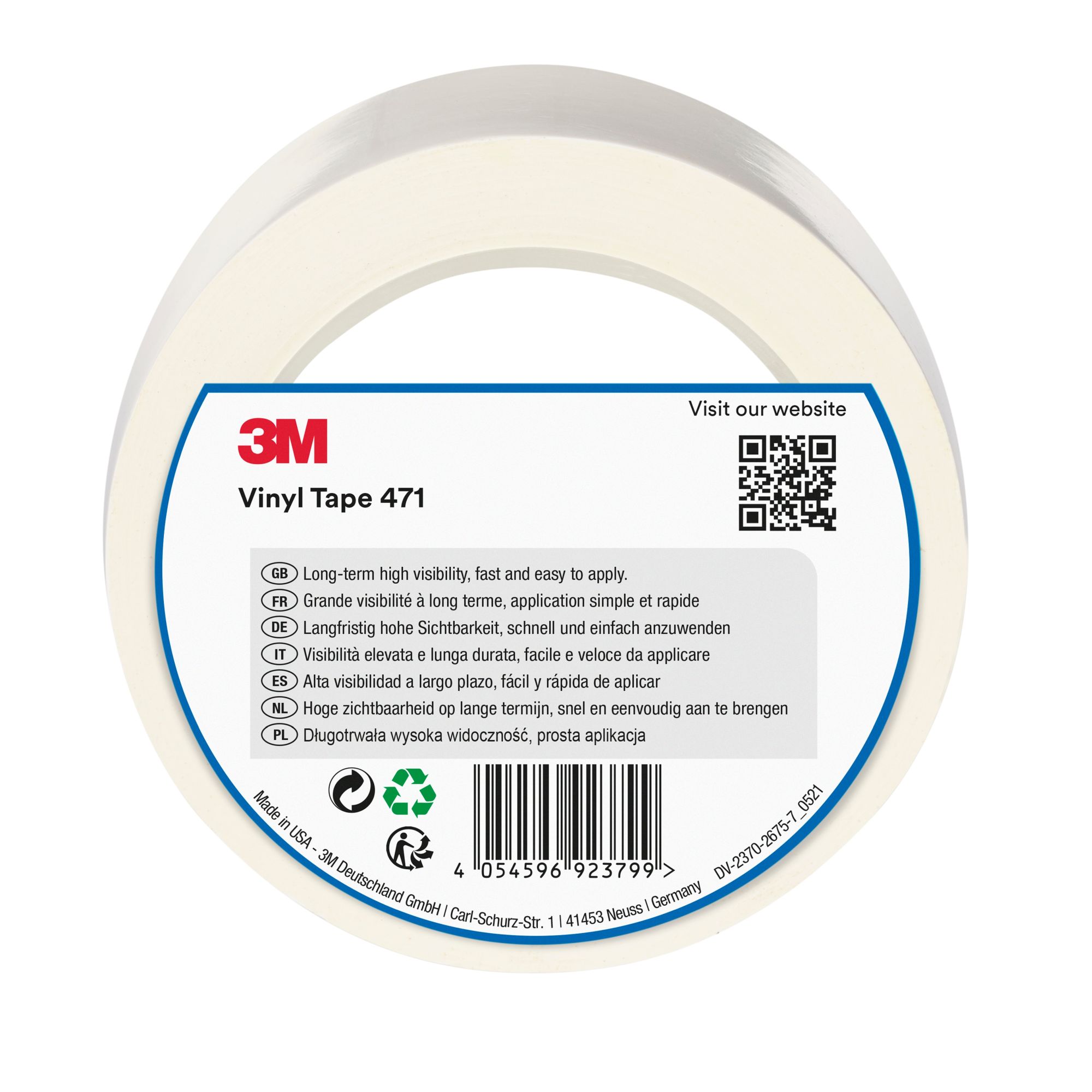 3M™ Cinta adhesiva de vinilo 471, Blanco, 50 mm x 33 m, Envuelto individualmente Empaquetado convenientemente