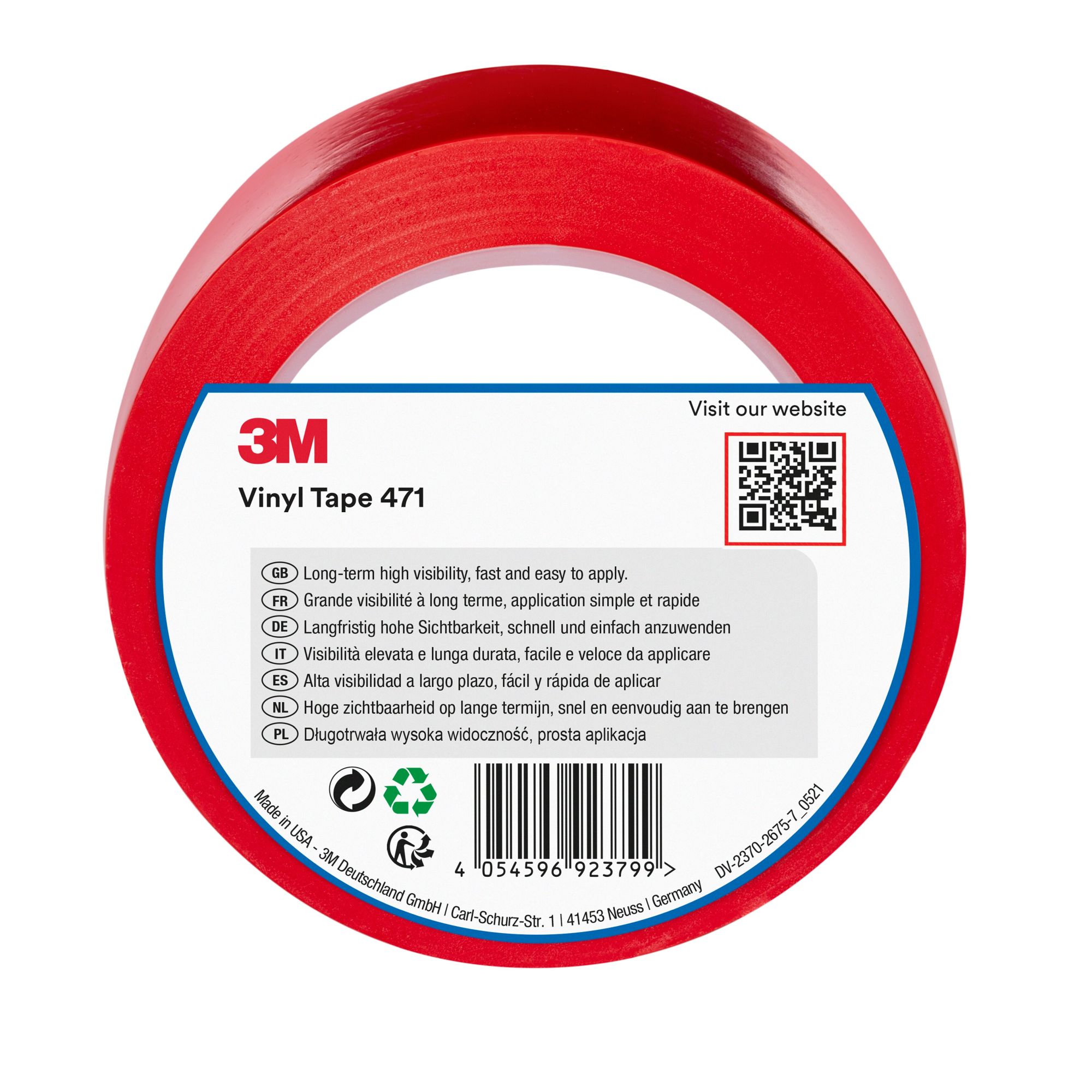 3M™ Cinta adhesiva de vinilo 471, Roja, 50 mm x 33 m, Envuelto individualmente Empaquetado convenientemente