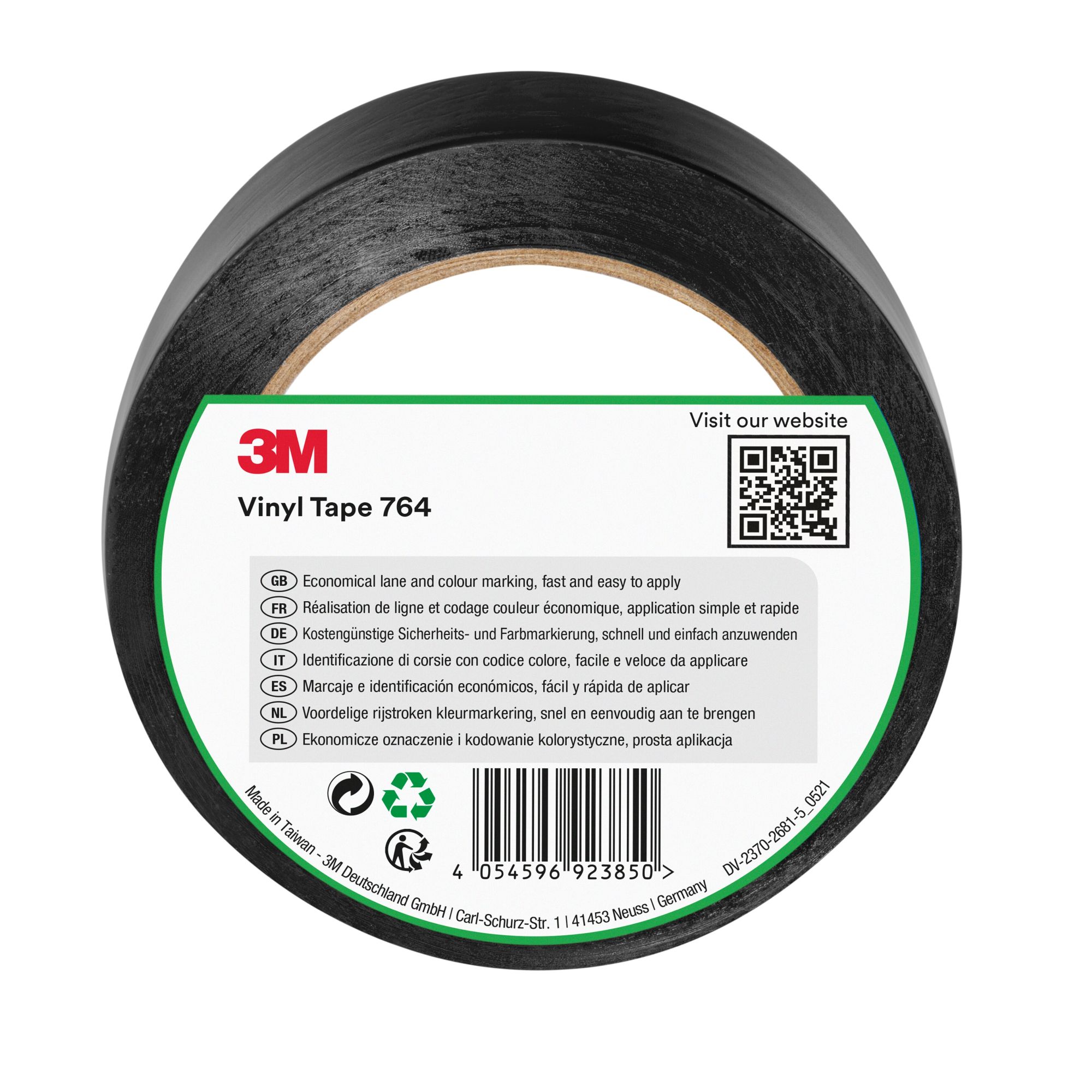3M™ Cinta de vinilo de uso general 764, Negro, 50 mm x 33 m, Envuelto individualmente Empaquetado convenientemente