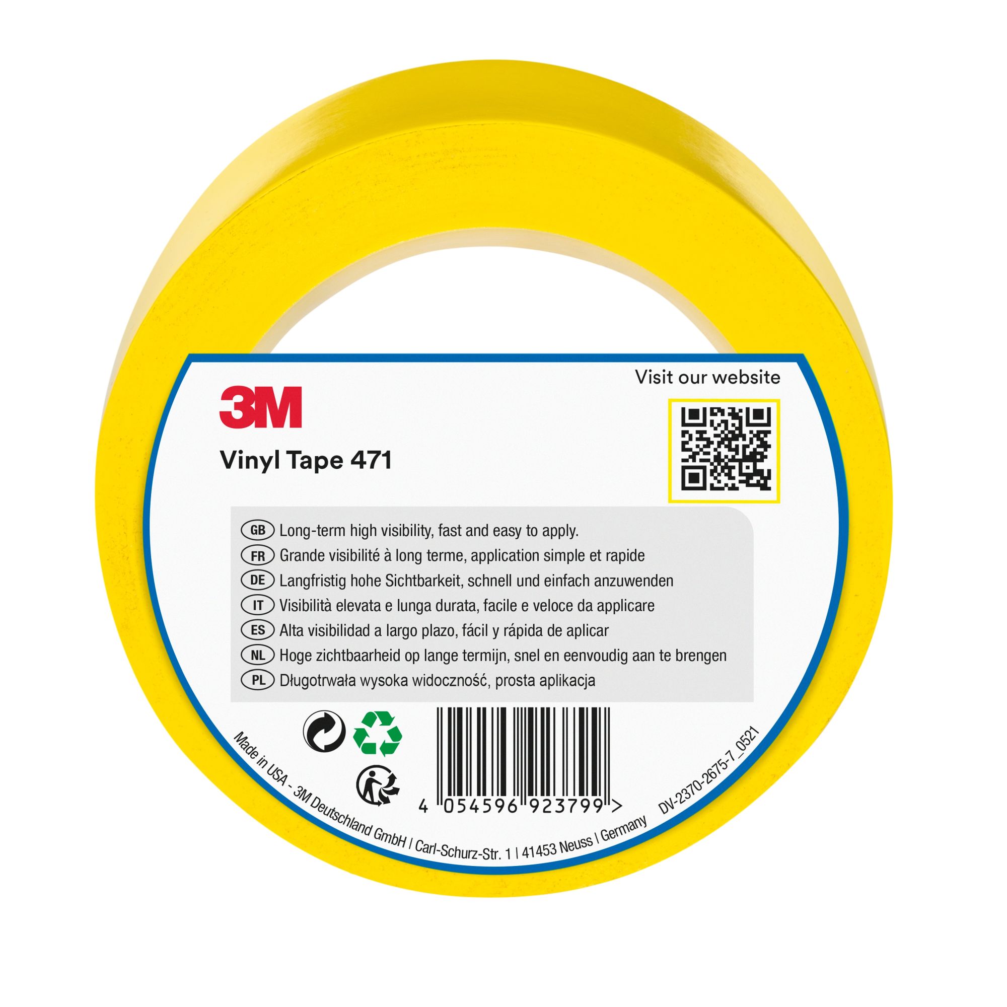 3M™ Cinta adhesiva de vinilo 471, Amarillo, 50 mm x 33 m, Envuelto individualmente Empaquetado convenientemente