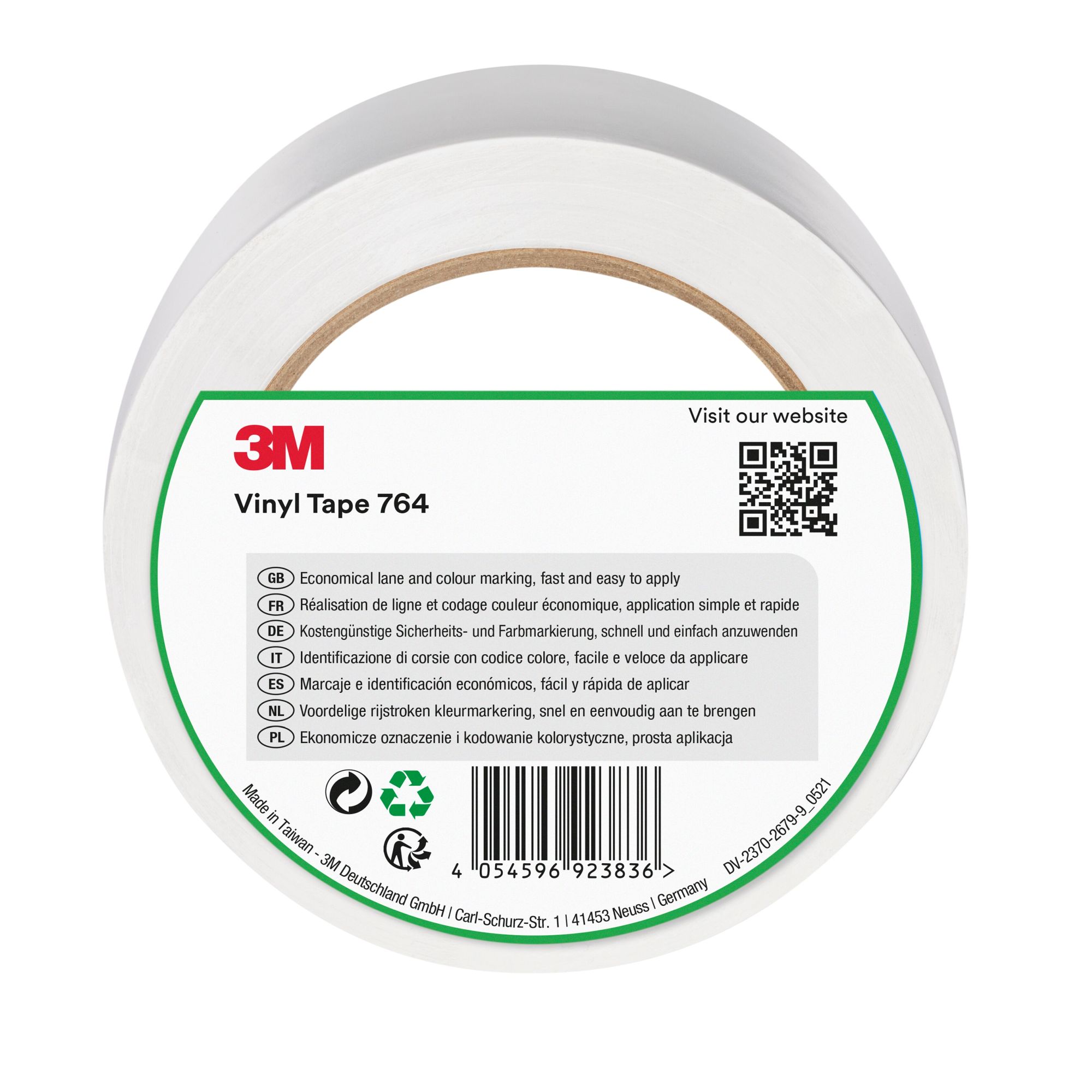 3M™ Cinta de vinilo de uso general 764, Blanco, 50 mm x 33 m, 12 Rollos, Envuelto individualmente Empaquetado convenientemente
