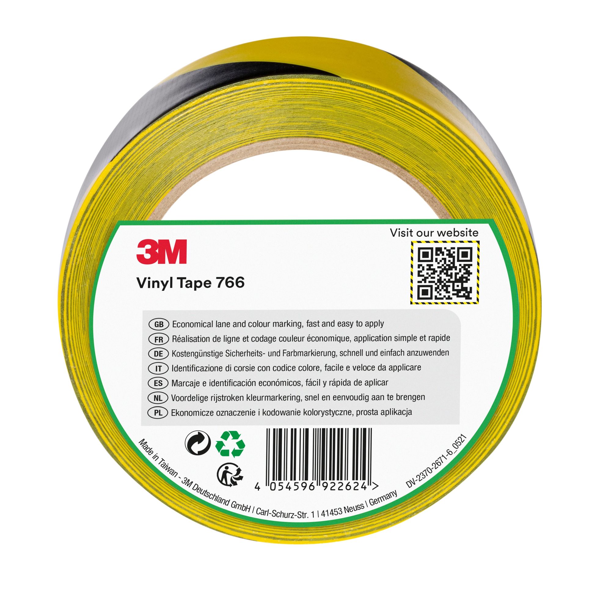 3M™ Cinta de Vinilo con Franjas de Seguridad 766, Amarillo/Negra, 50 mm x 33 m, 12 Rollos, Envuelto individualmente Empaquetado convenientemente