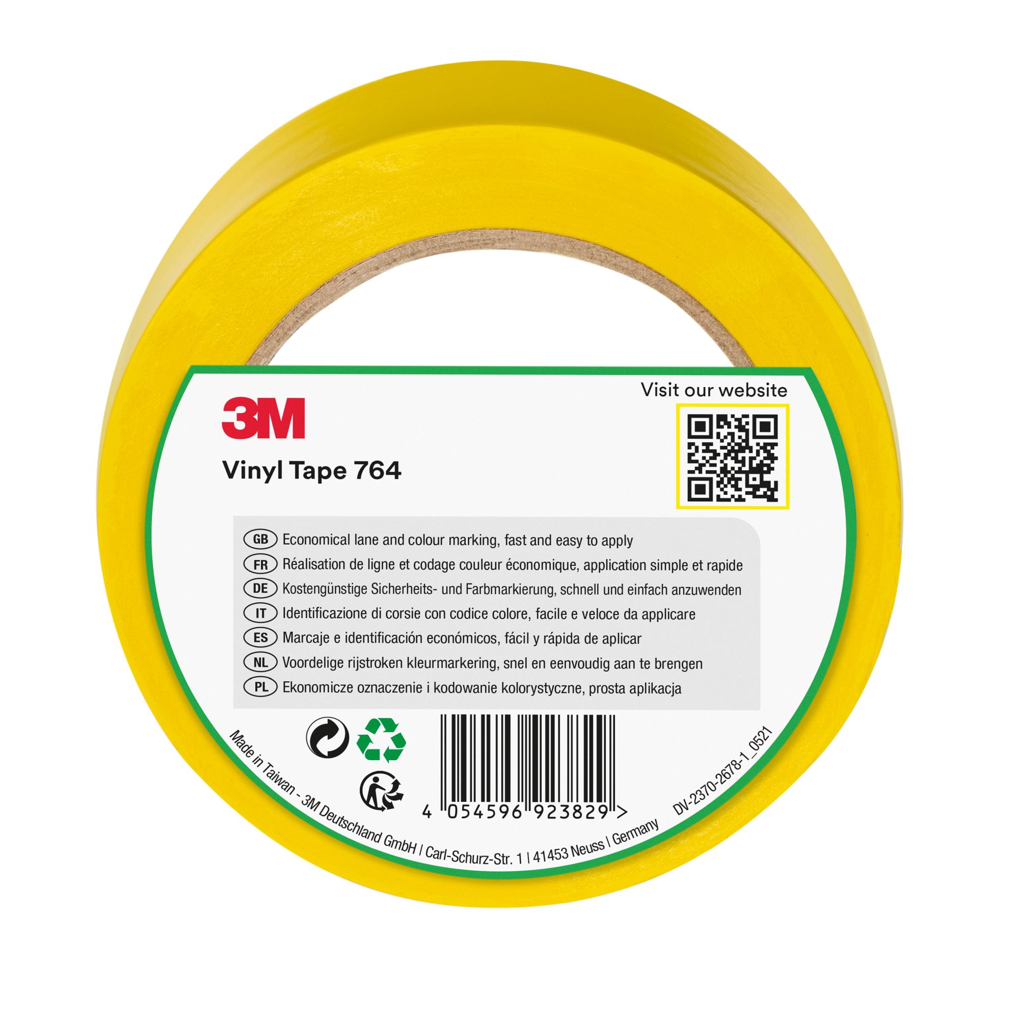 3M™ Cinta de vinilo de uso general 764, Amarillo, 50 mm x 33 m, 12 Rollos, Envuelto individualmente Empaquetado convenientemente