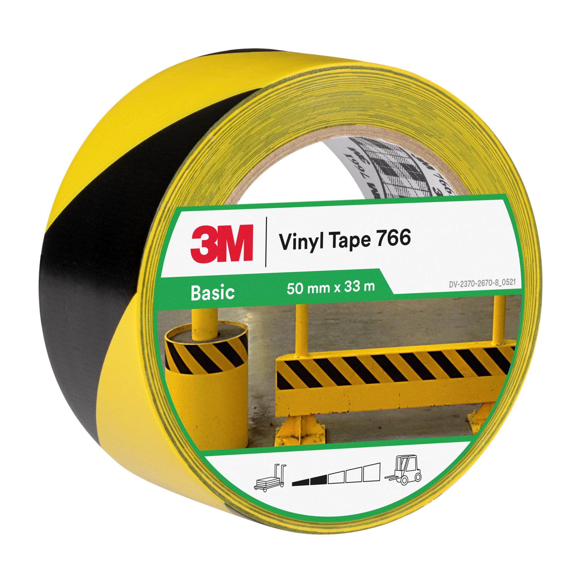 3M™ Cinta de Vinilo con Franjas de Seguridad 766, Amarillo/Negra, 50 mm x 33 m, 12 Rollos, Envuelto individualmente Empaquetado convenientemente