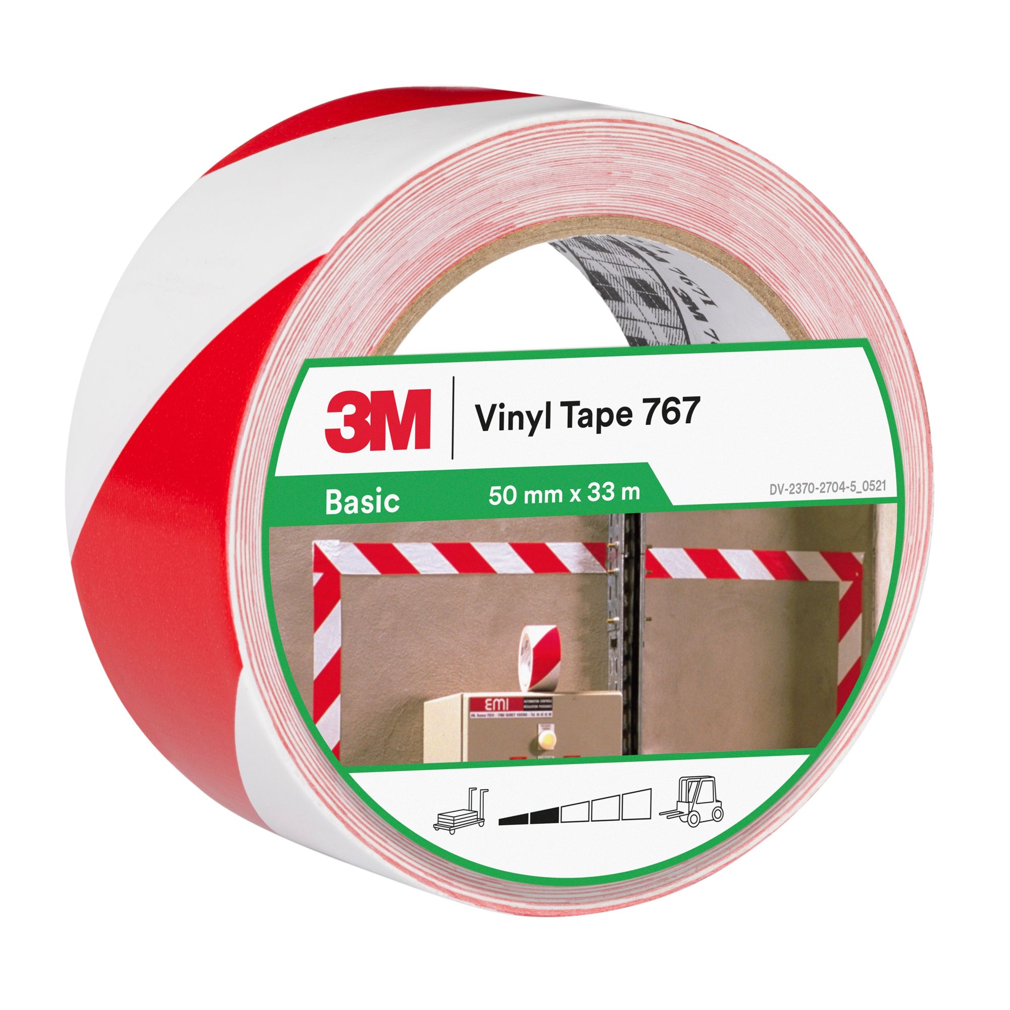 3M™ Cinta de Vinilo con Franjas de Seguridad 767, Roja/Blanco, 50 mm x 33 m, 12 Rollos, Envuelto individualmente Empaquetado convenientemente