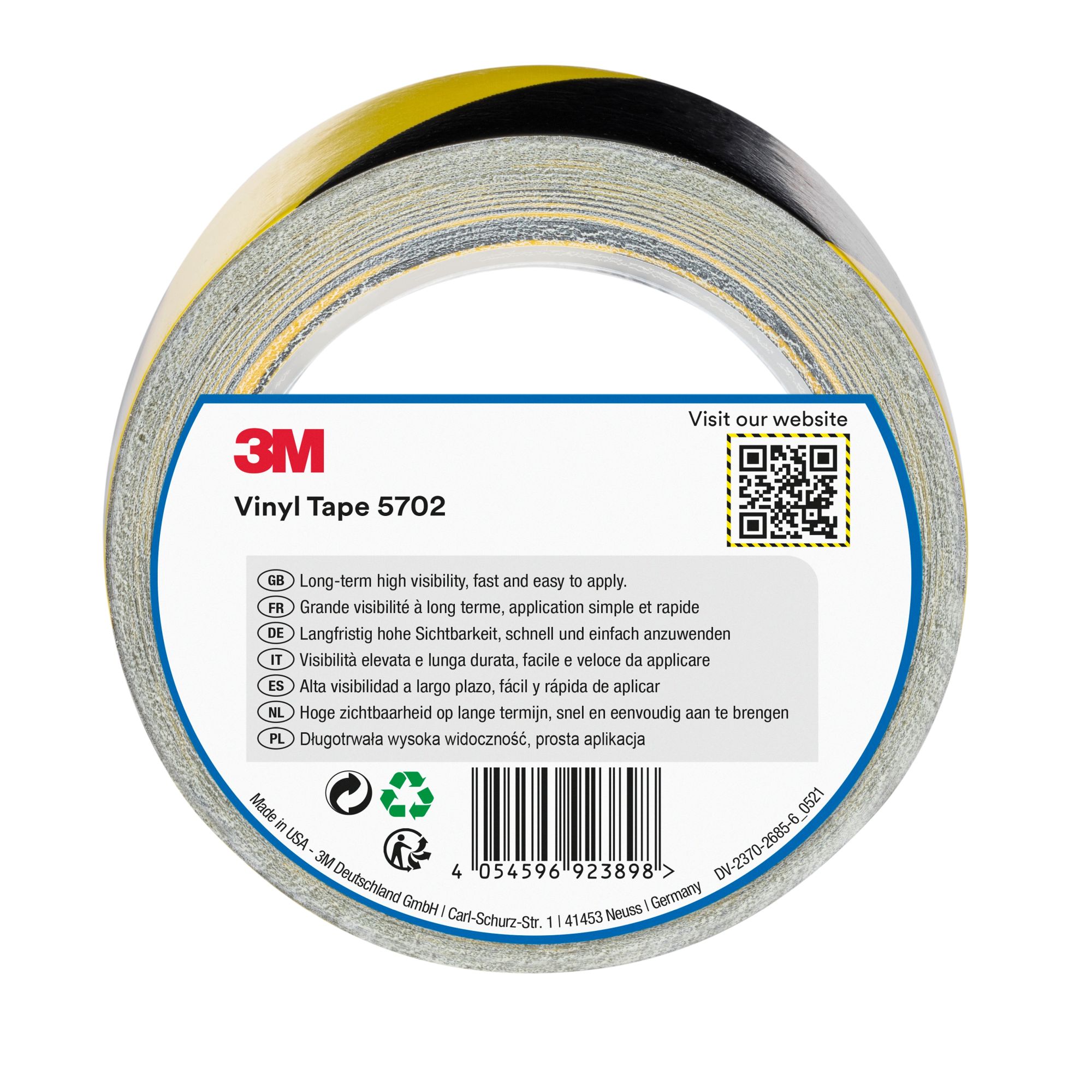 3M™ Cinta Premium de Vinilo con Franjas de Seguridad 5702, Amarillo/Negra, 50 mm x 33 m, 12 Rollos, Envuelto individualmente Empaquetado convenientemente