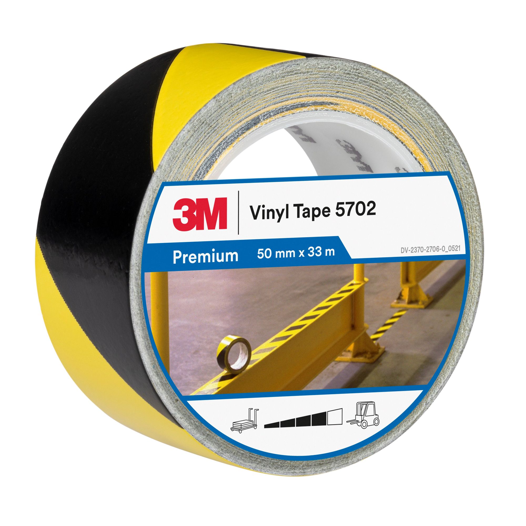 3M™ Cinta Premium de Vinilo con Franjas de Seguridad 5702, Amarillo/Negra, 50 mm x 33 m, 12 Rollos, Envuelto individualmente Empaquetado convenientemente