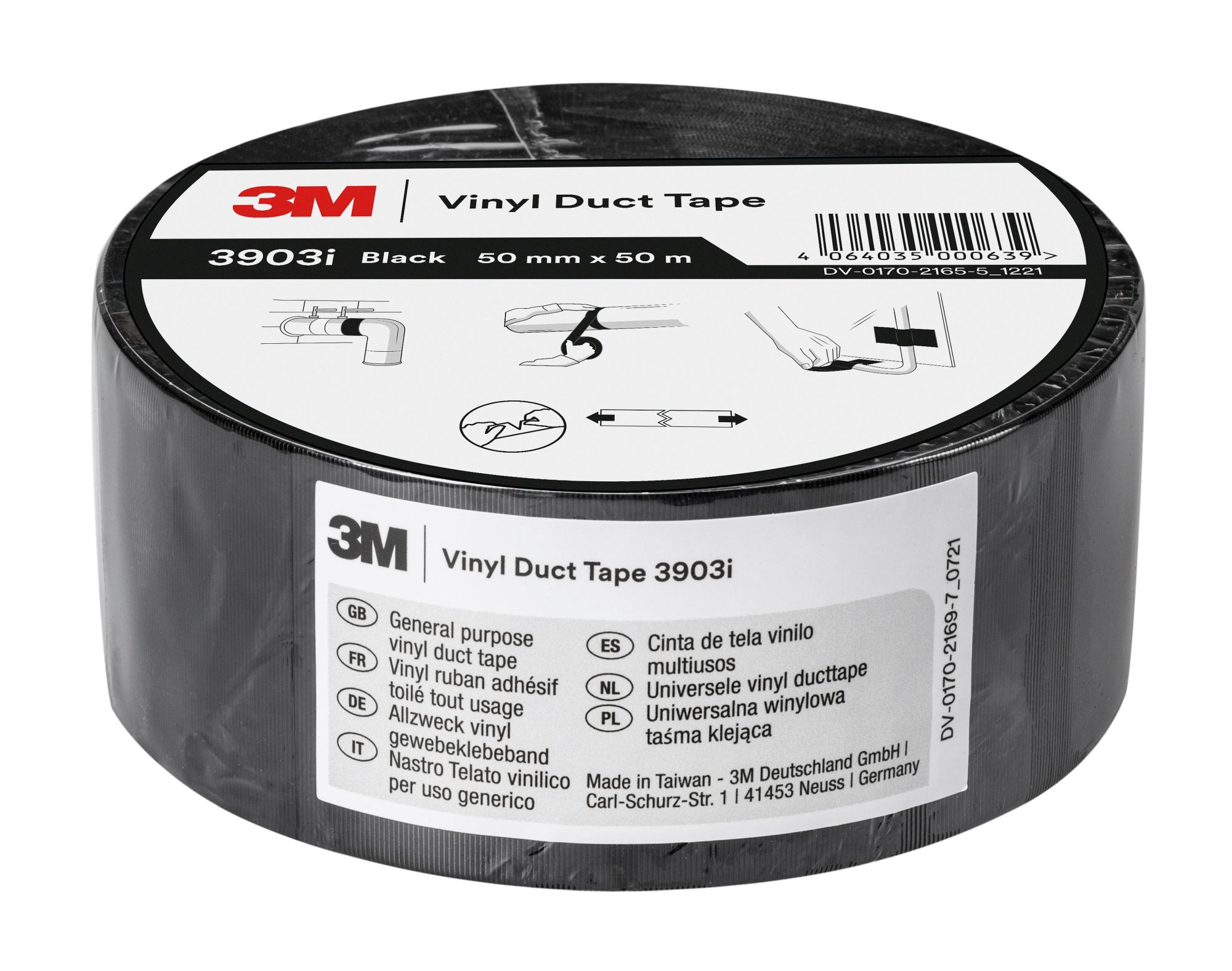 3M™ Cinta adhesiva de vinilo 3903i, Negro, 50 mm x 50 m
