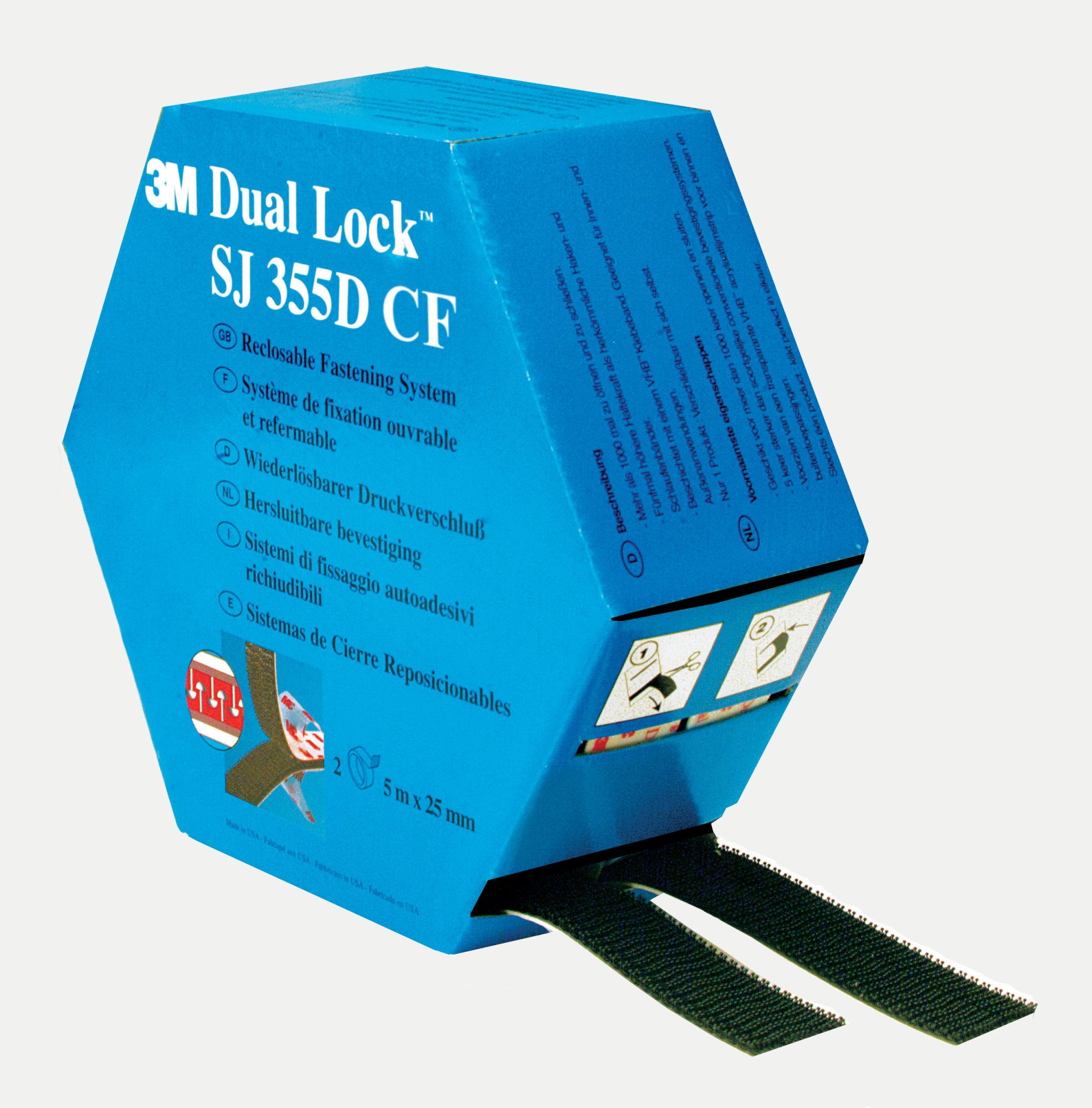 3M™ Dual Lock™ Sistemas de Unión Desmontable SJ355D CF, 250, Negro, 25 mm x 5 m, 5.7 mm, 2 tiras