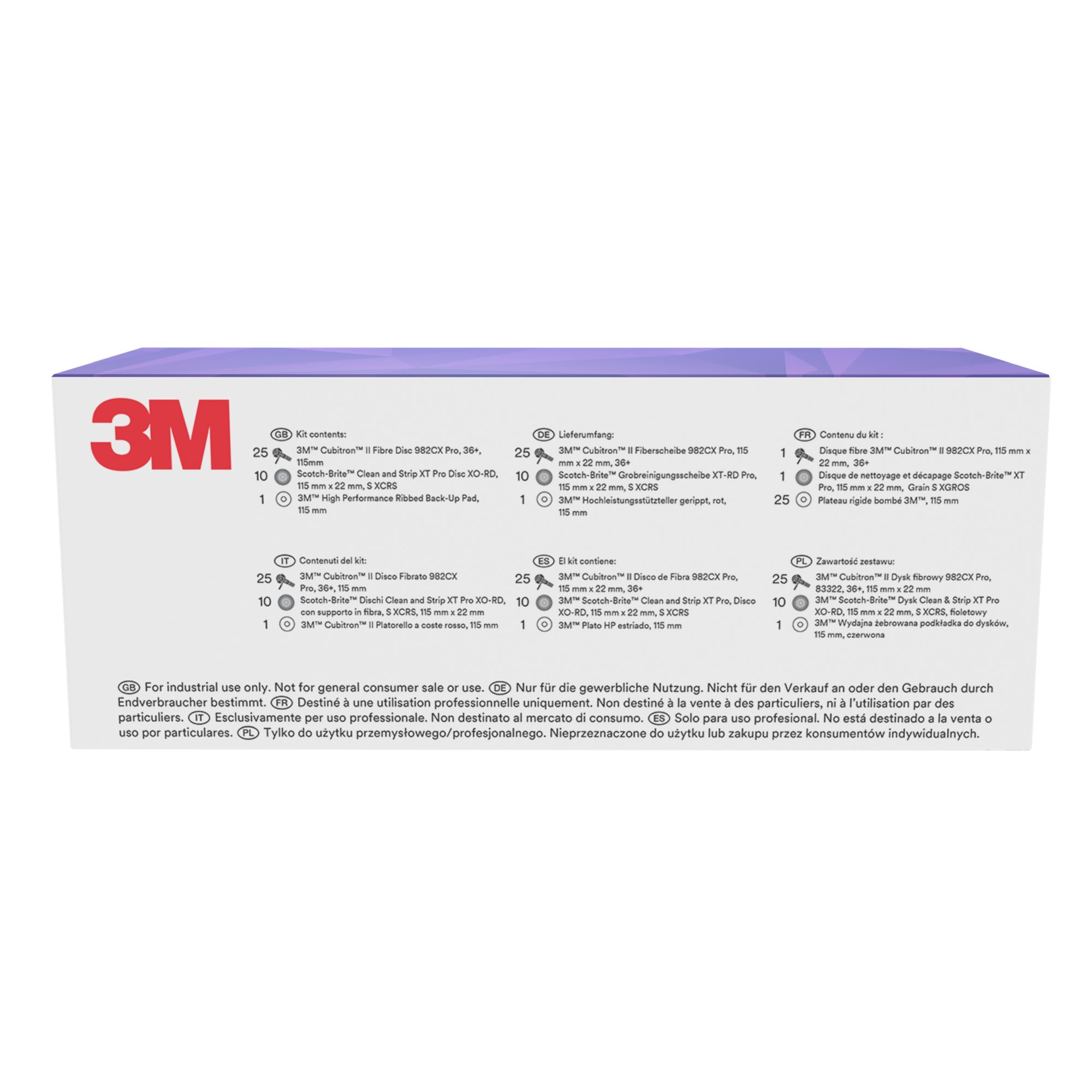 El Kit de esmerilado y limpieza de 3M™, incluye el disco 982CX y XO-RD de 115 mm, con 1 almohadilla para el disco de fibra, 1 unidad/Kit.